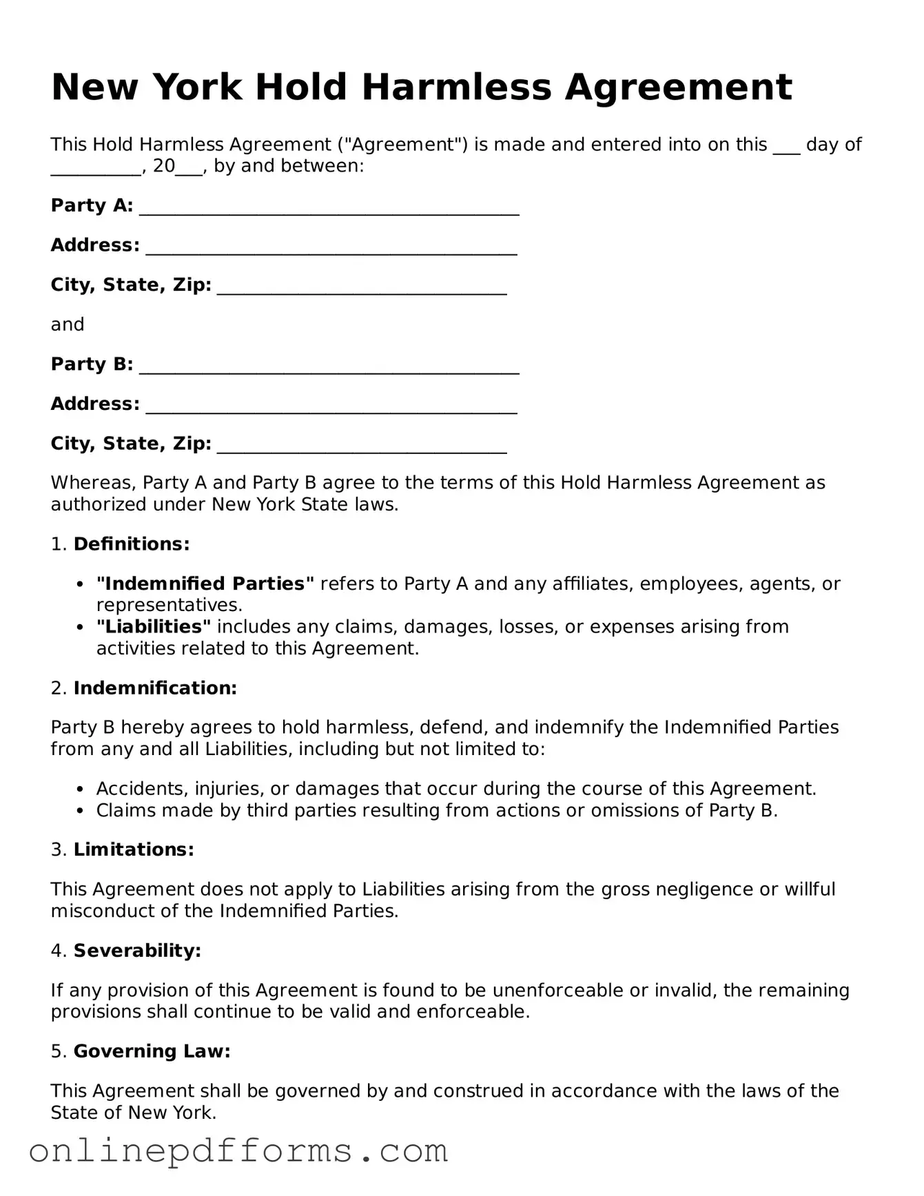 Blank New York Hold Harmless Agreement Form