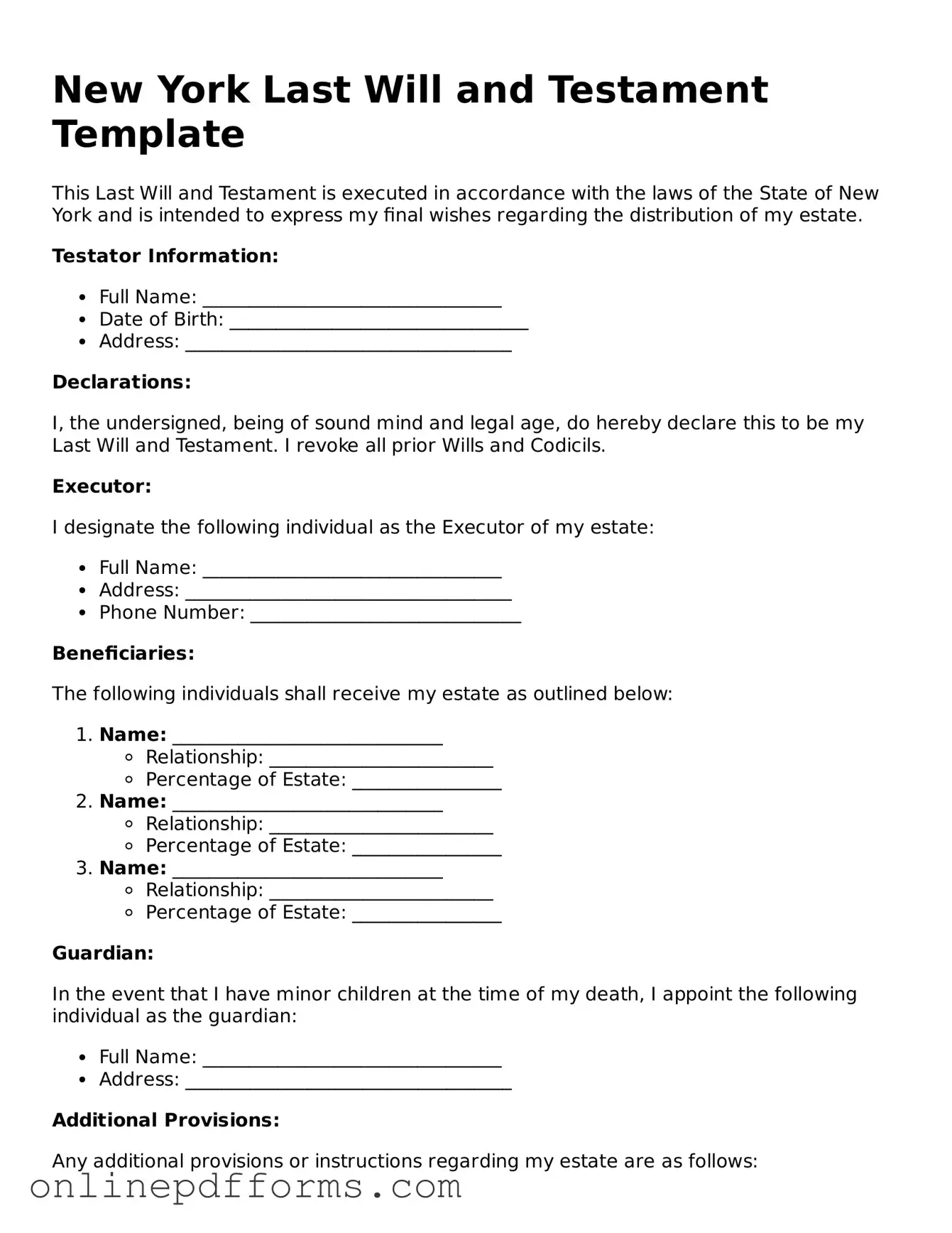 Blank New York Last Will and Testament Form