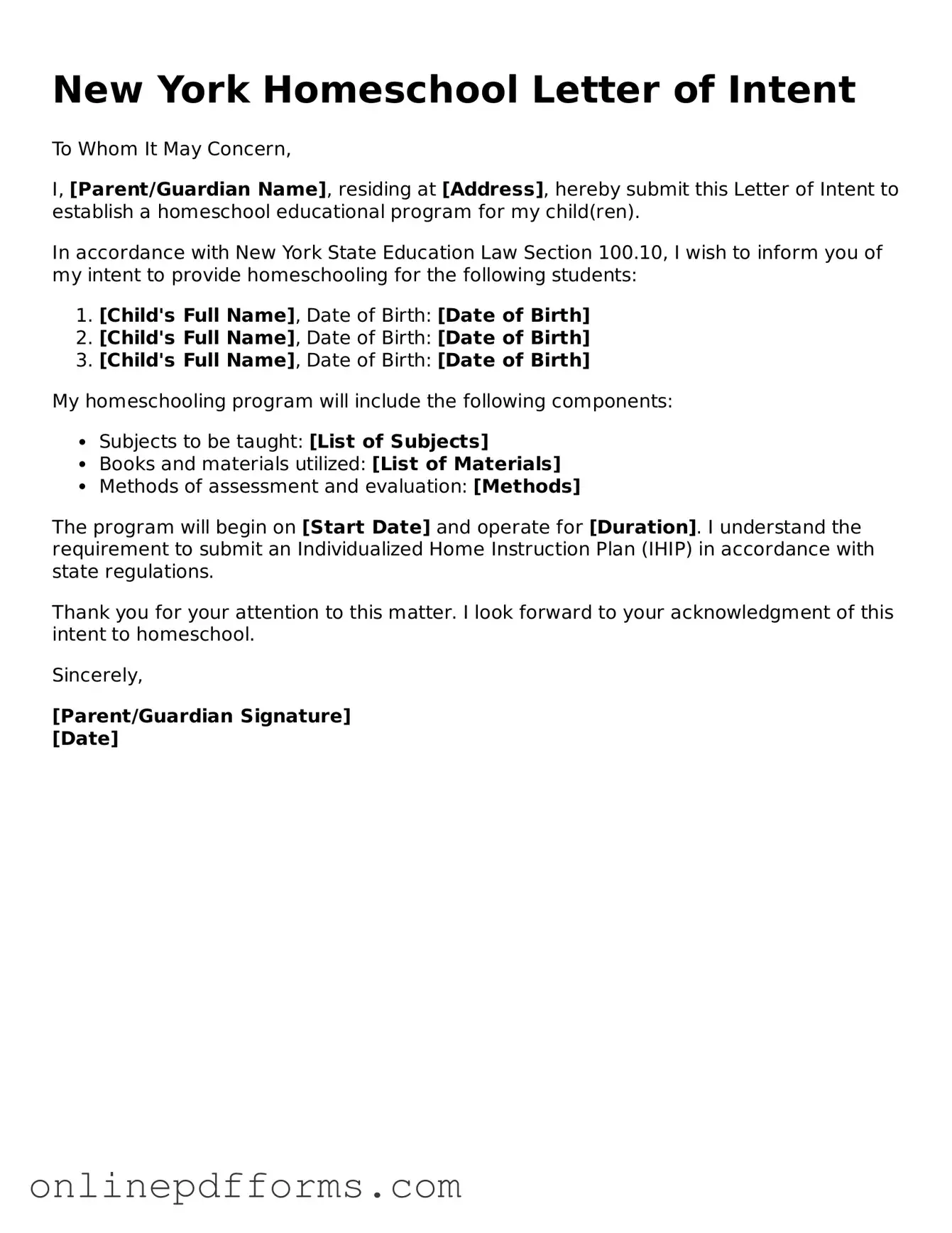 Blank New York Homeschool Letter of Intent Form
