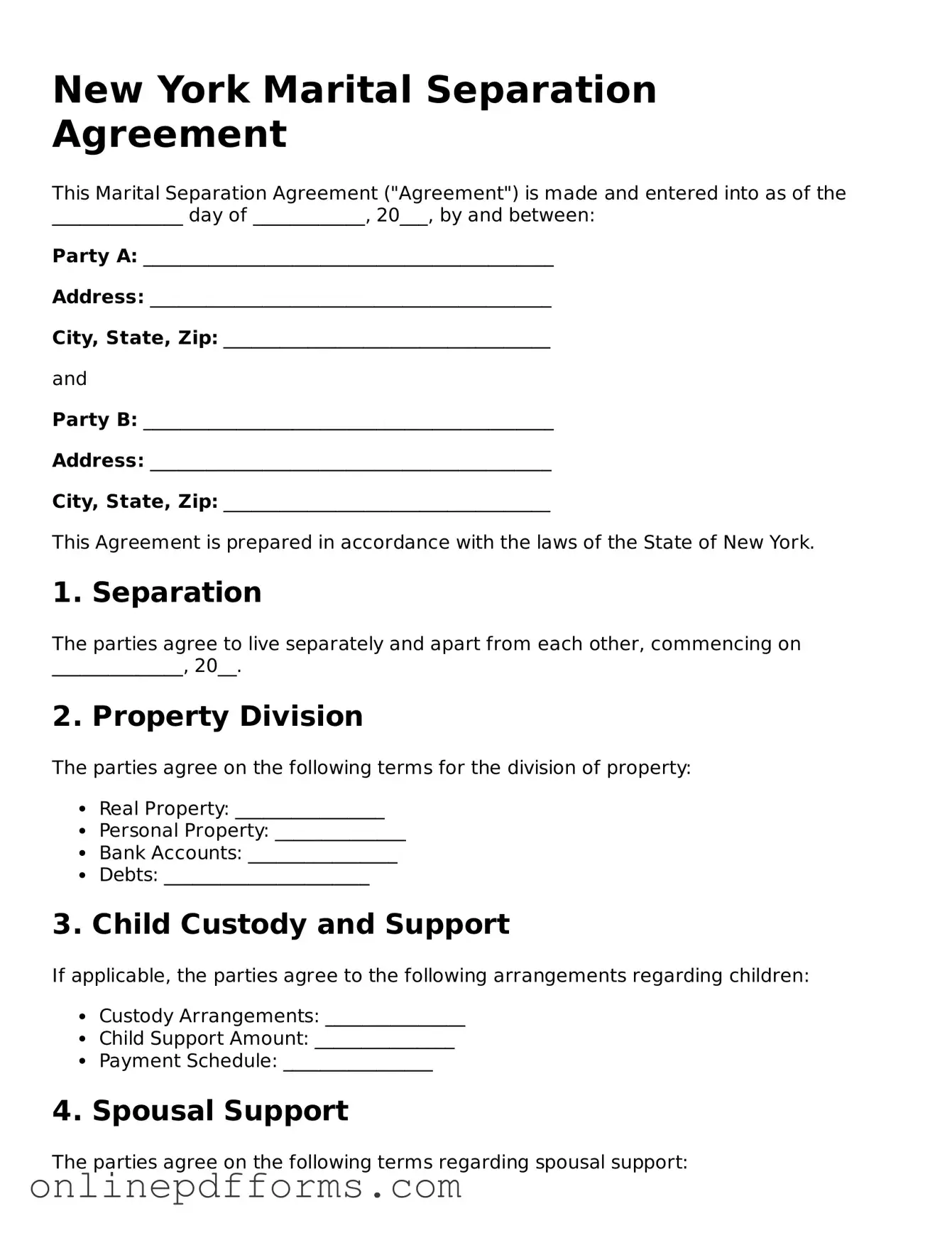 Blank New York Marital Separation Agreement Form