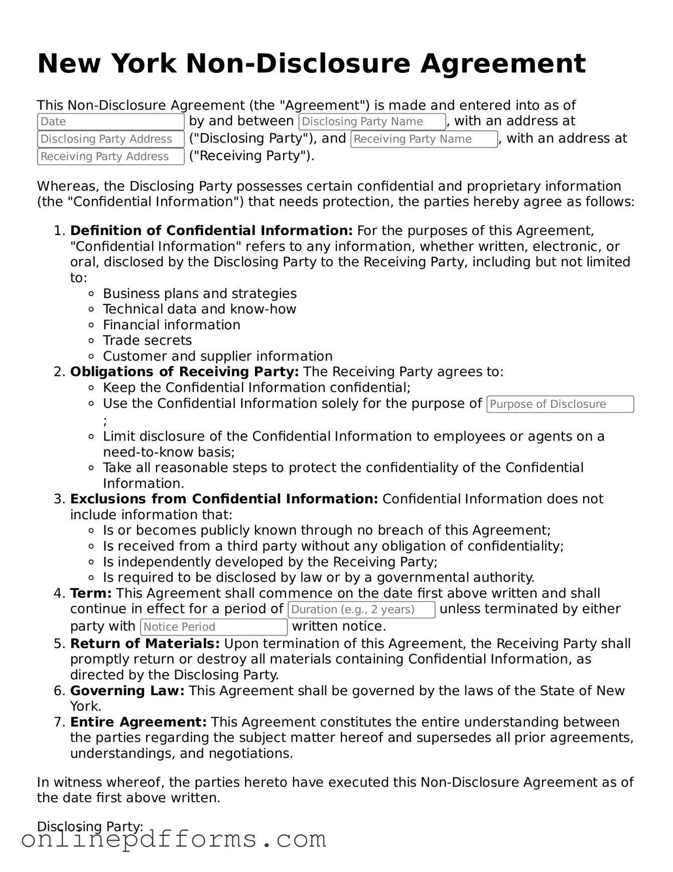 Blank New York Non-disclosure Agreement Form