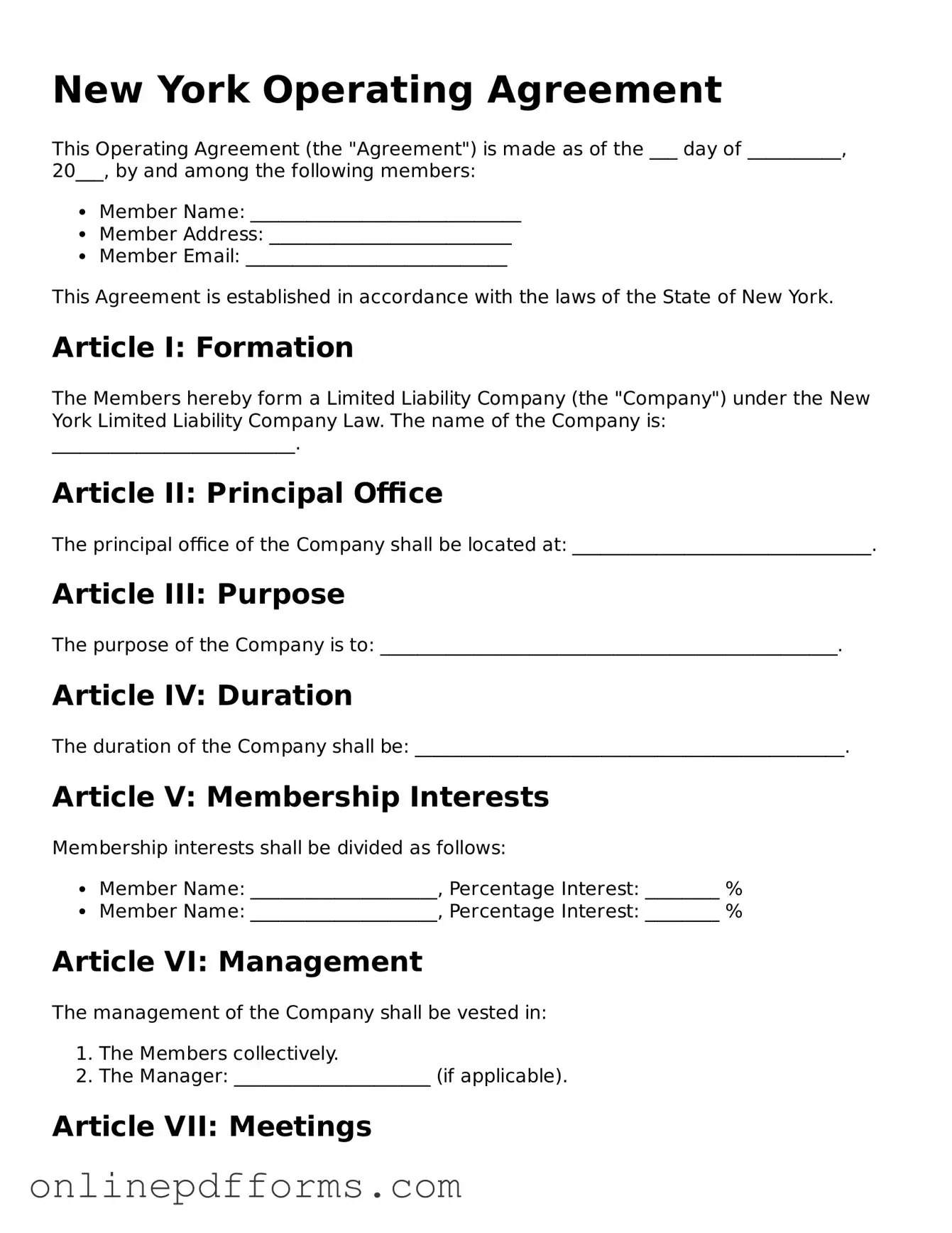 Blank New York Operating Agreement Form