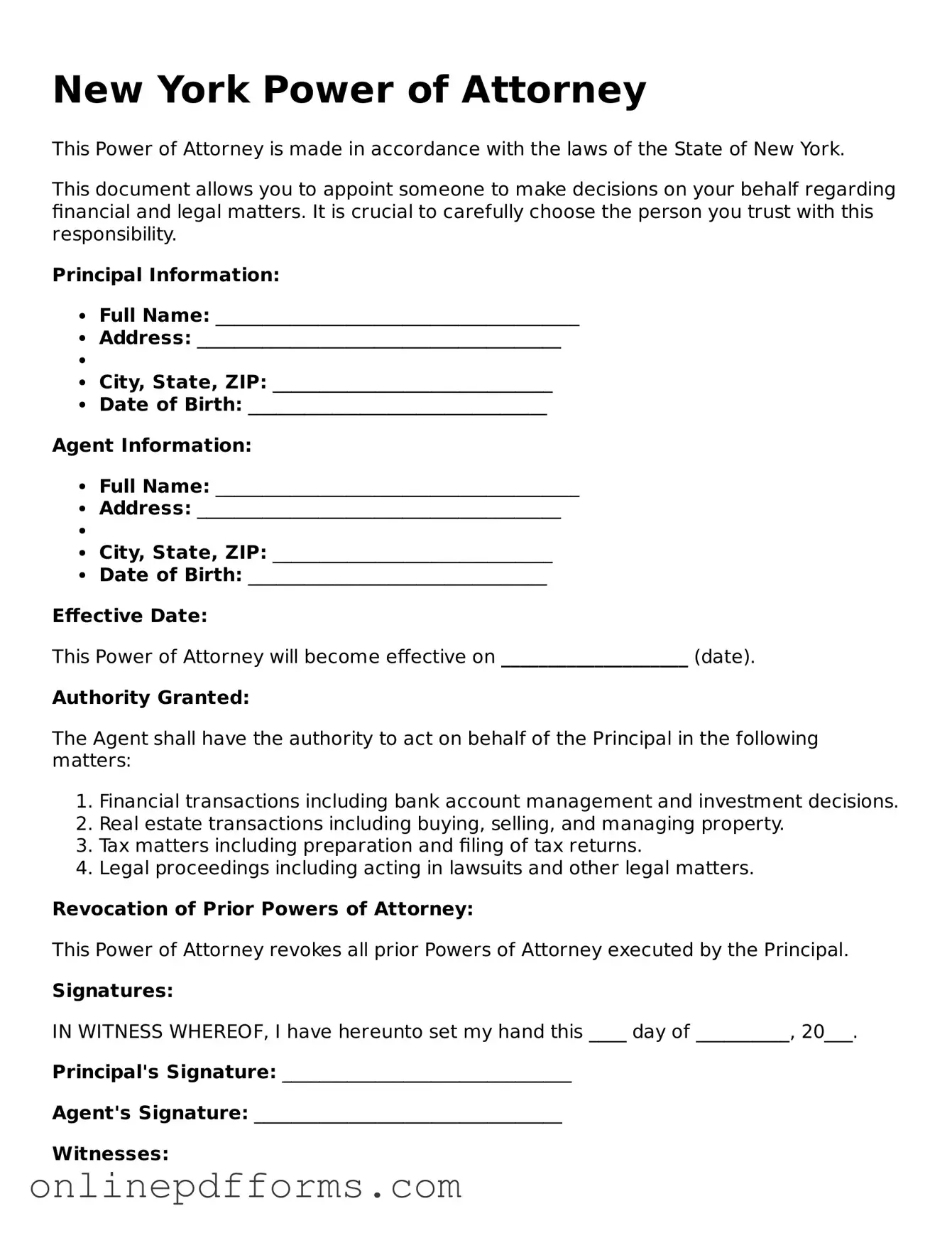 Blank New York Power of Attorney Form