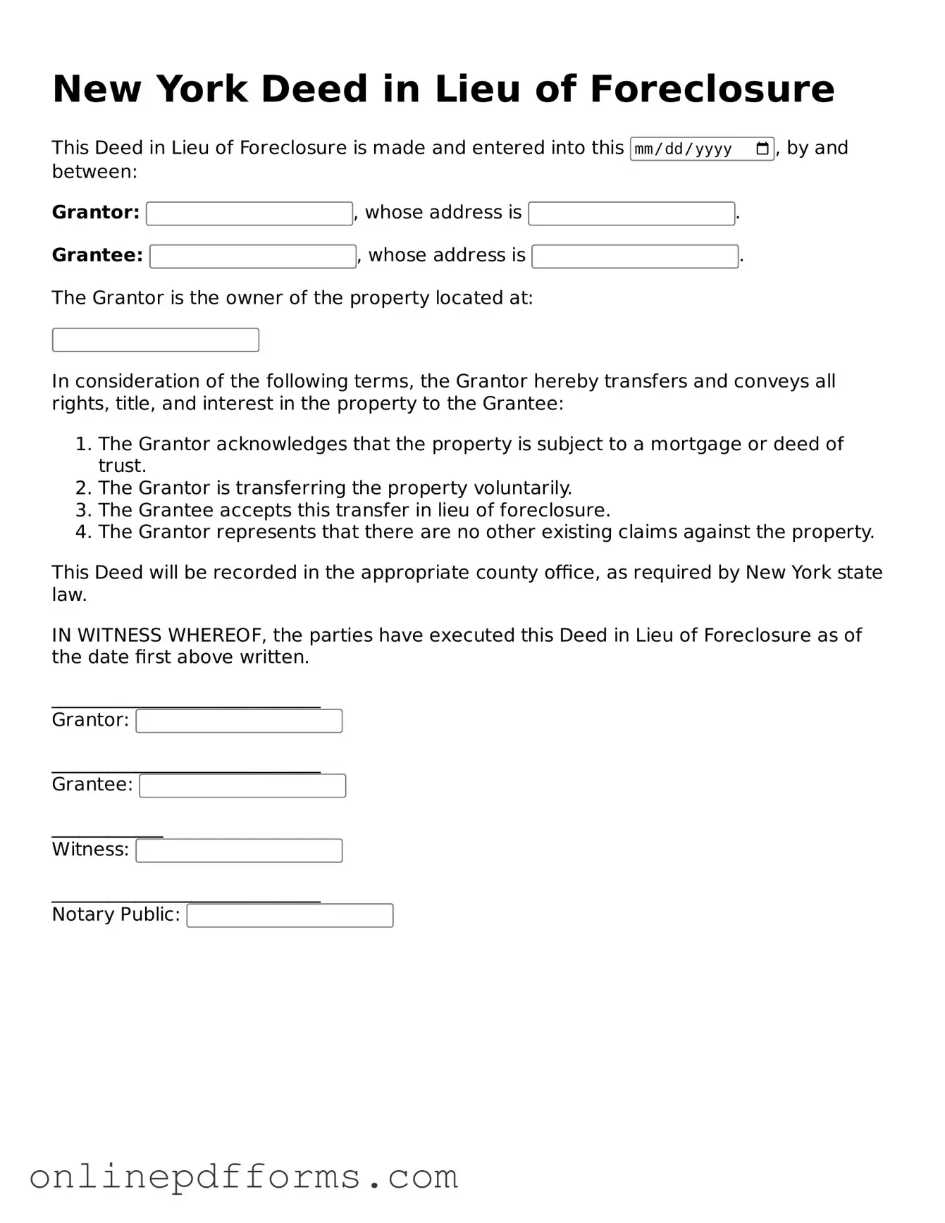 Blank New York Deed in Lieu of Foreclosure Form