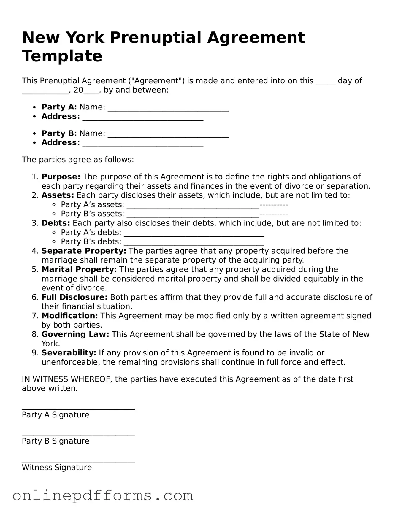 Blank New York Prenuptial Agreement Form