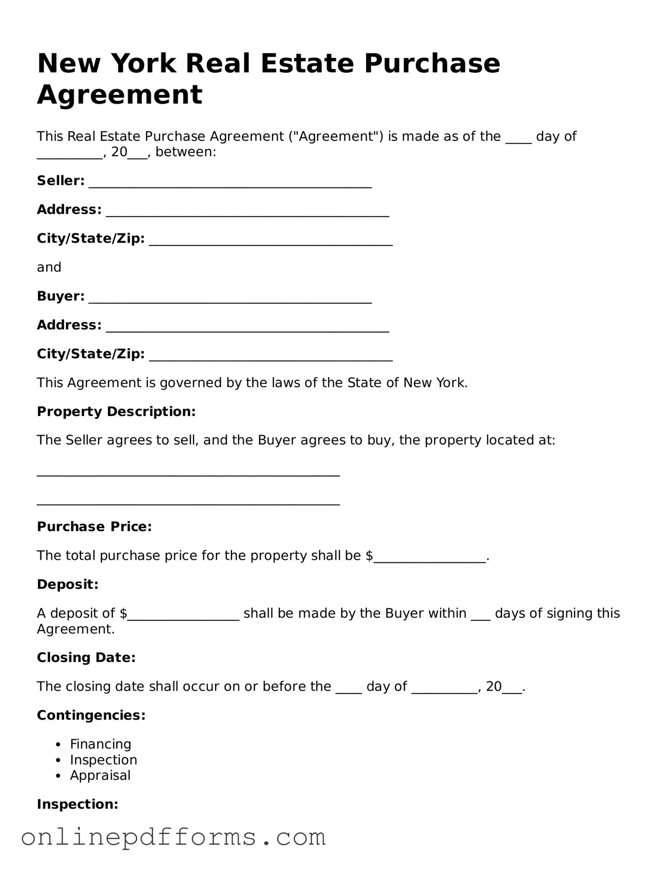 Blank New York Real Estate Purchase Agreement Form