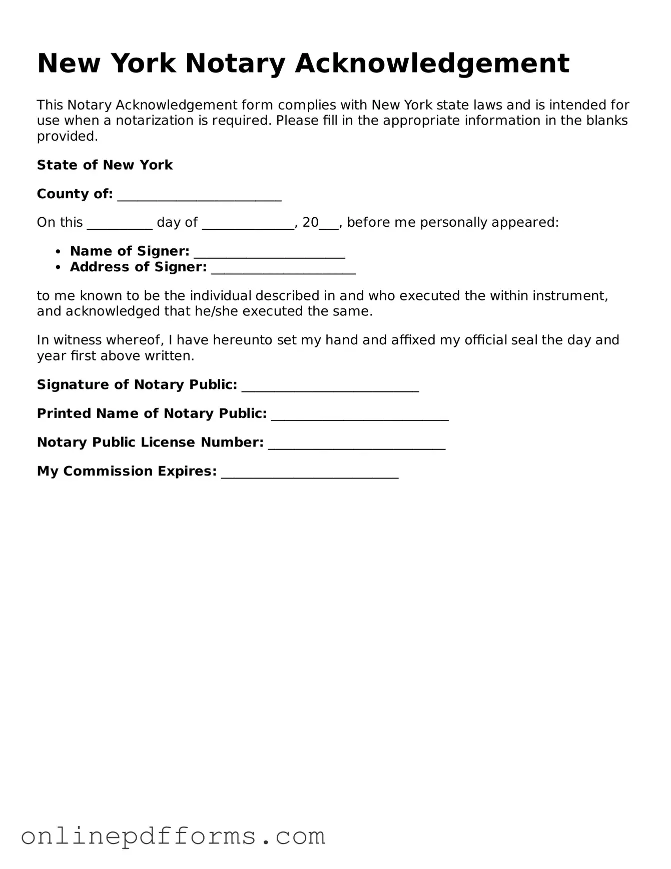 Blank New York Notary Acknowledgement Form