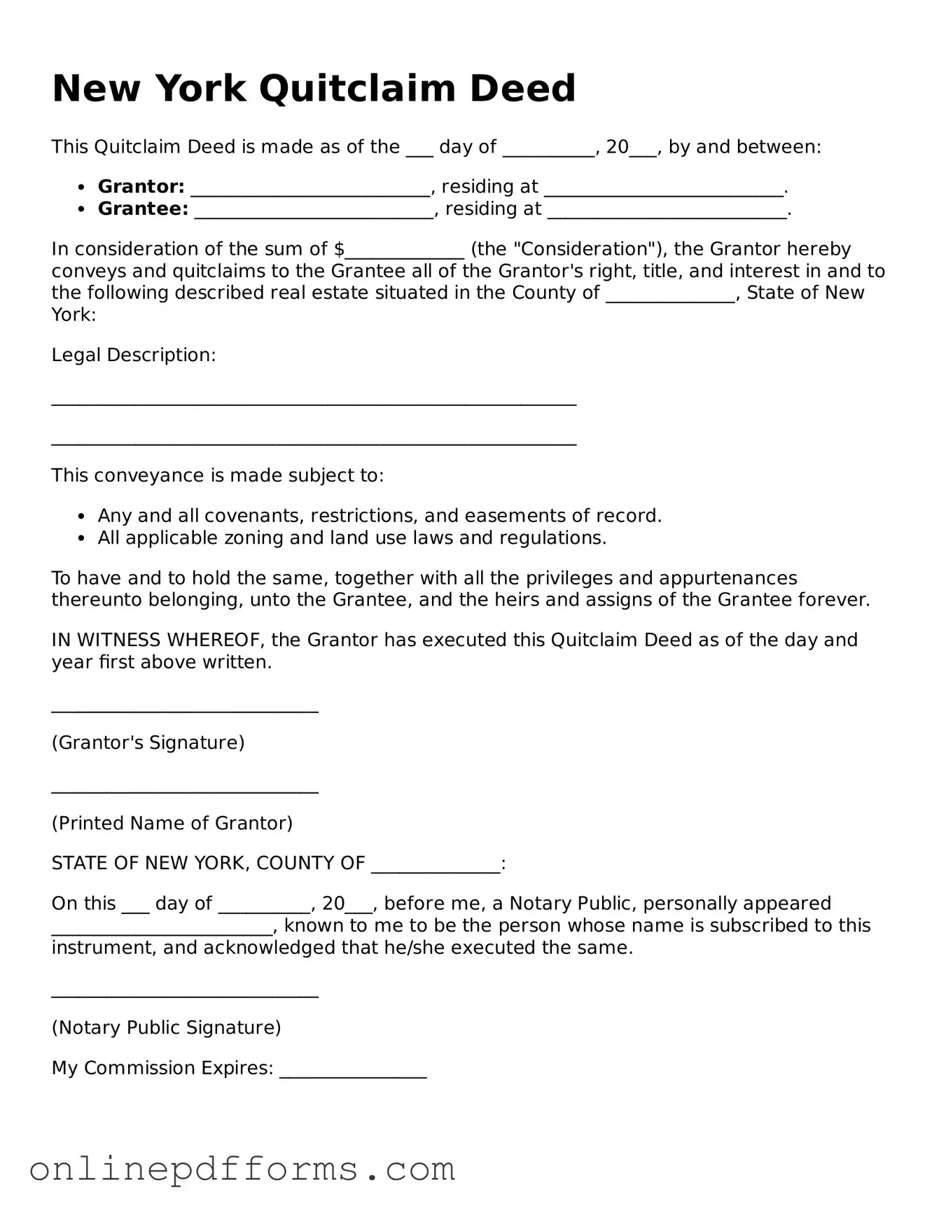 Blank New York Quitclaim Deed Form
