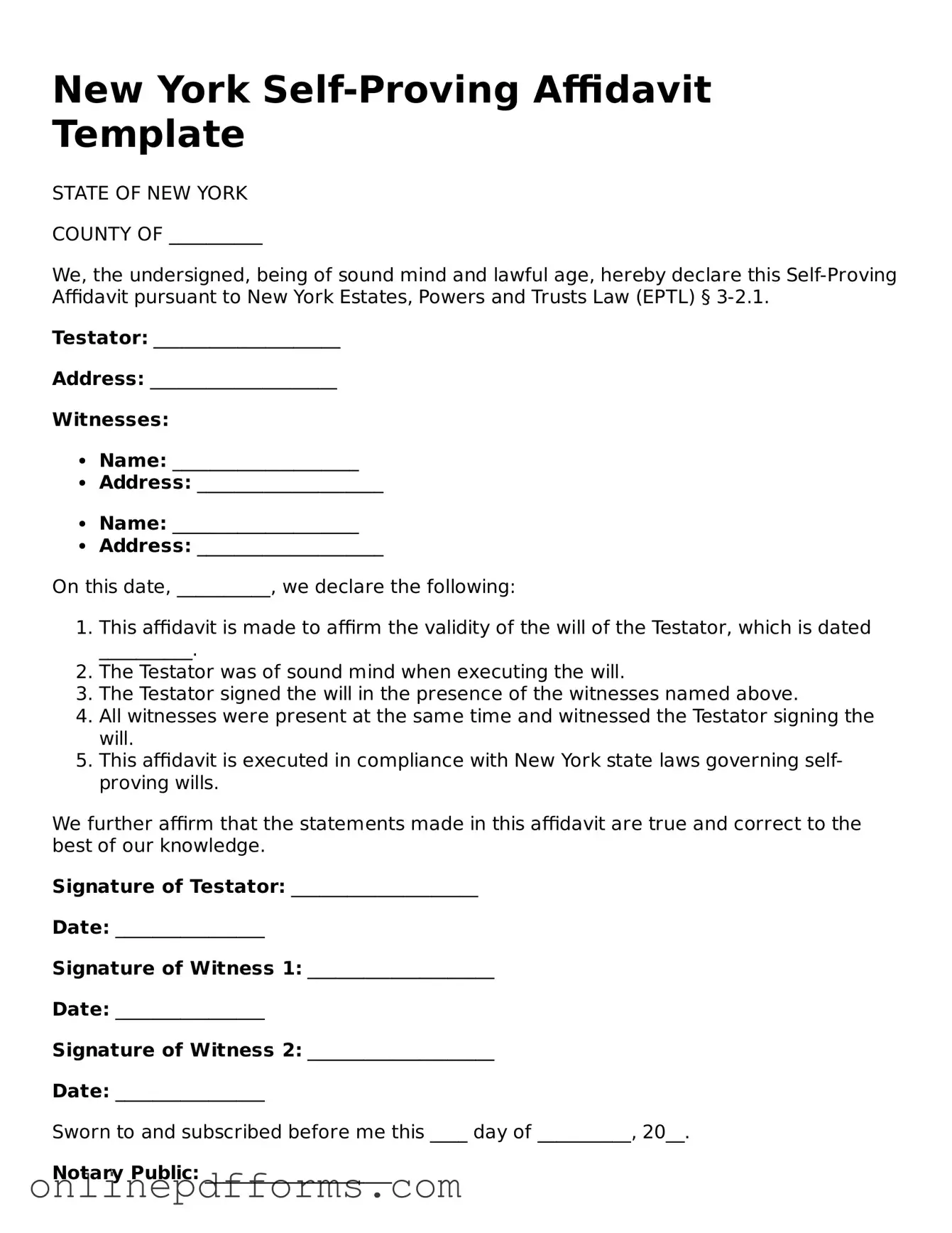 Blank New York Self-Proving Affidavit Form