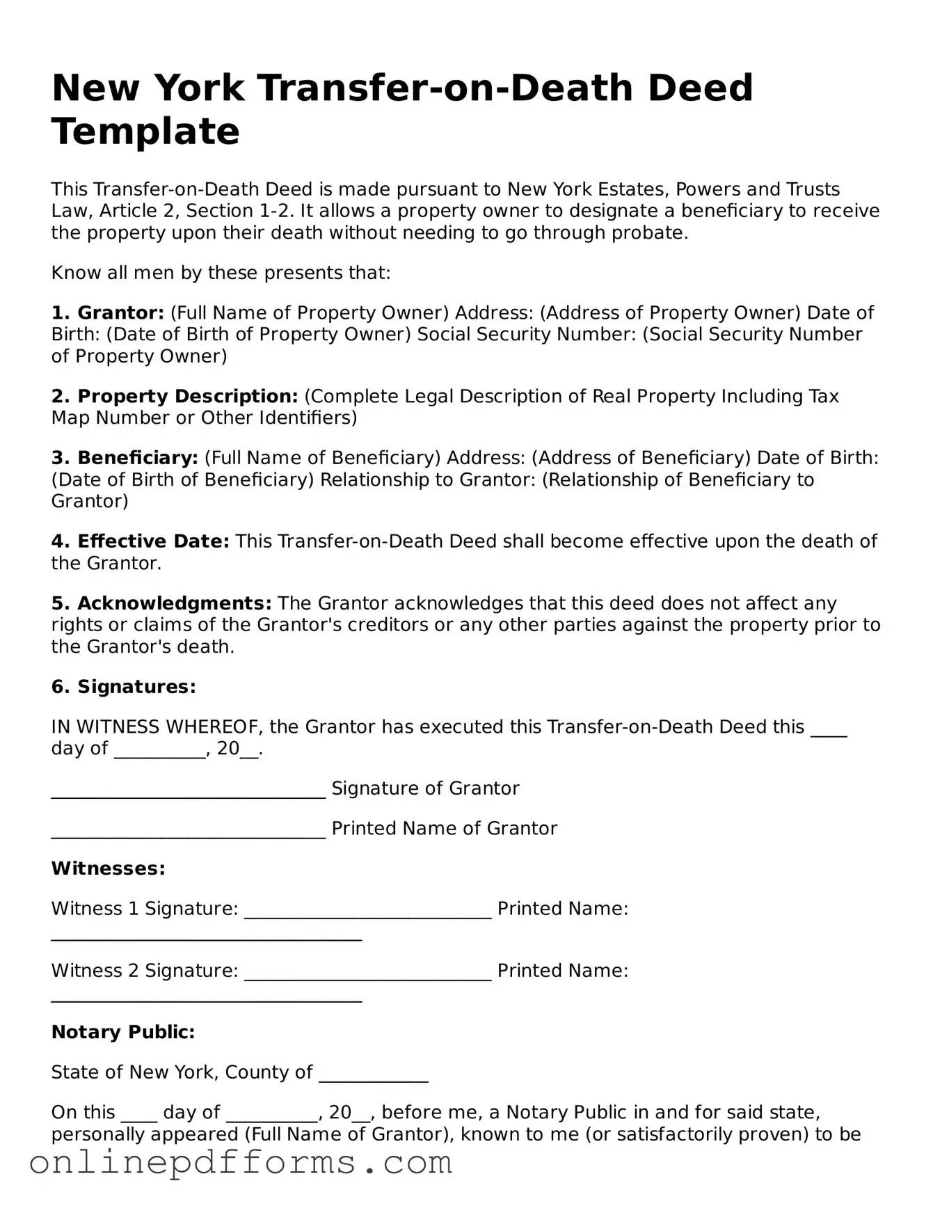 Blank New York Transfer-on-Death Deed Form
