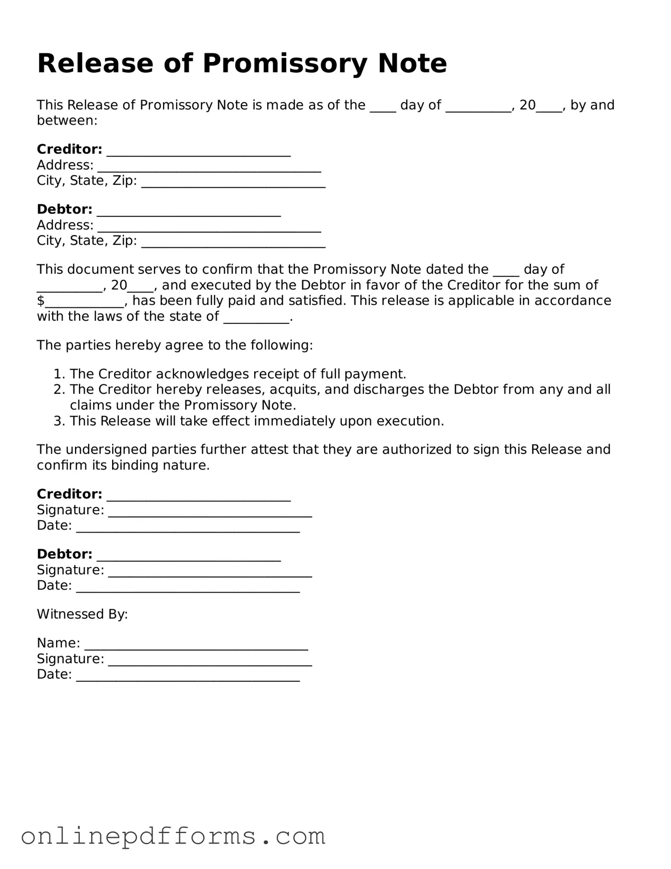 Legal Release of Promissory Note Form