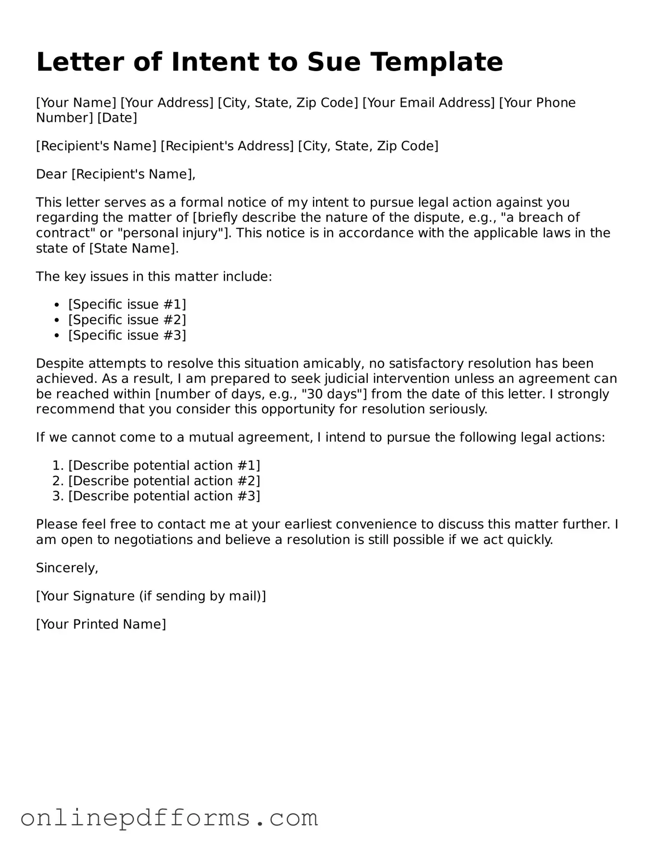 Legal Letter of Intent to Sue Form