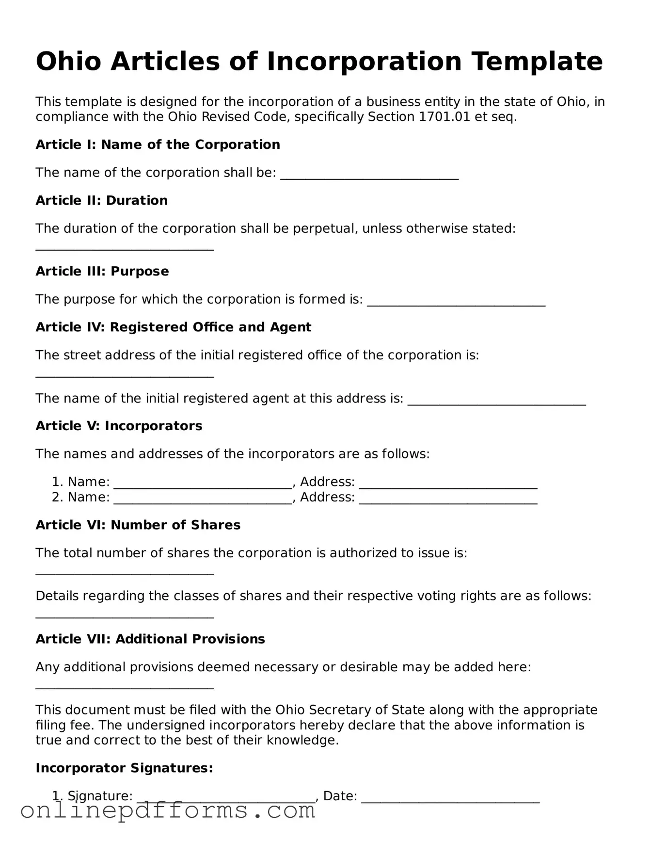 Blank Ohio Articles of Incorporation Form