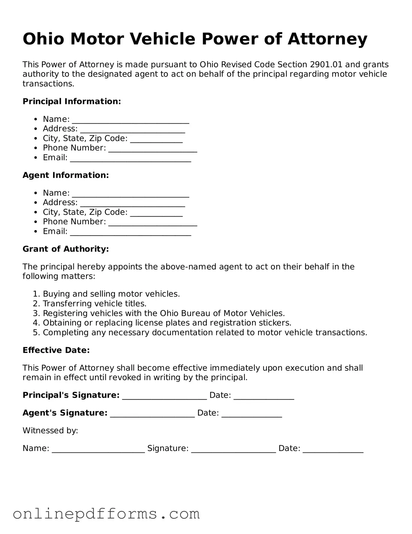 Blank Ohio Motor Vehicle Power of Attorney Form