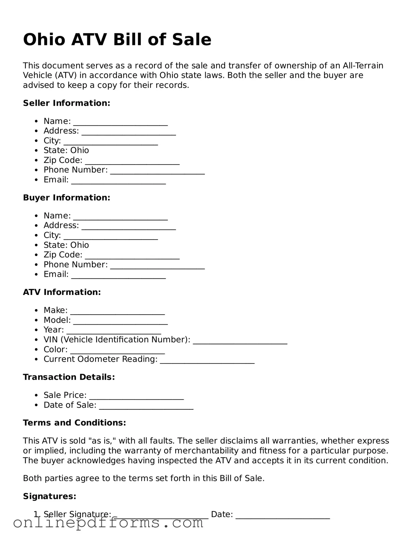 Blank Ohio ATV Bill of Sale Form
