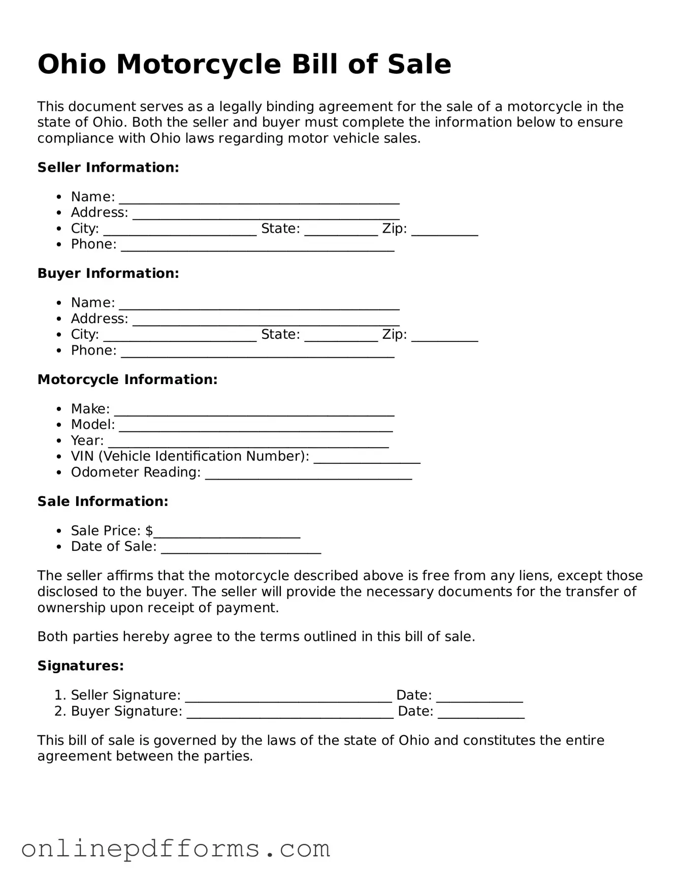 Blank Ohio Motorcycle Bill of Sale Form