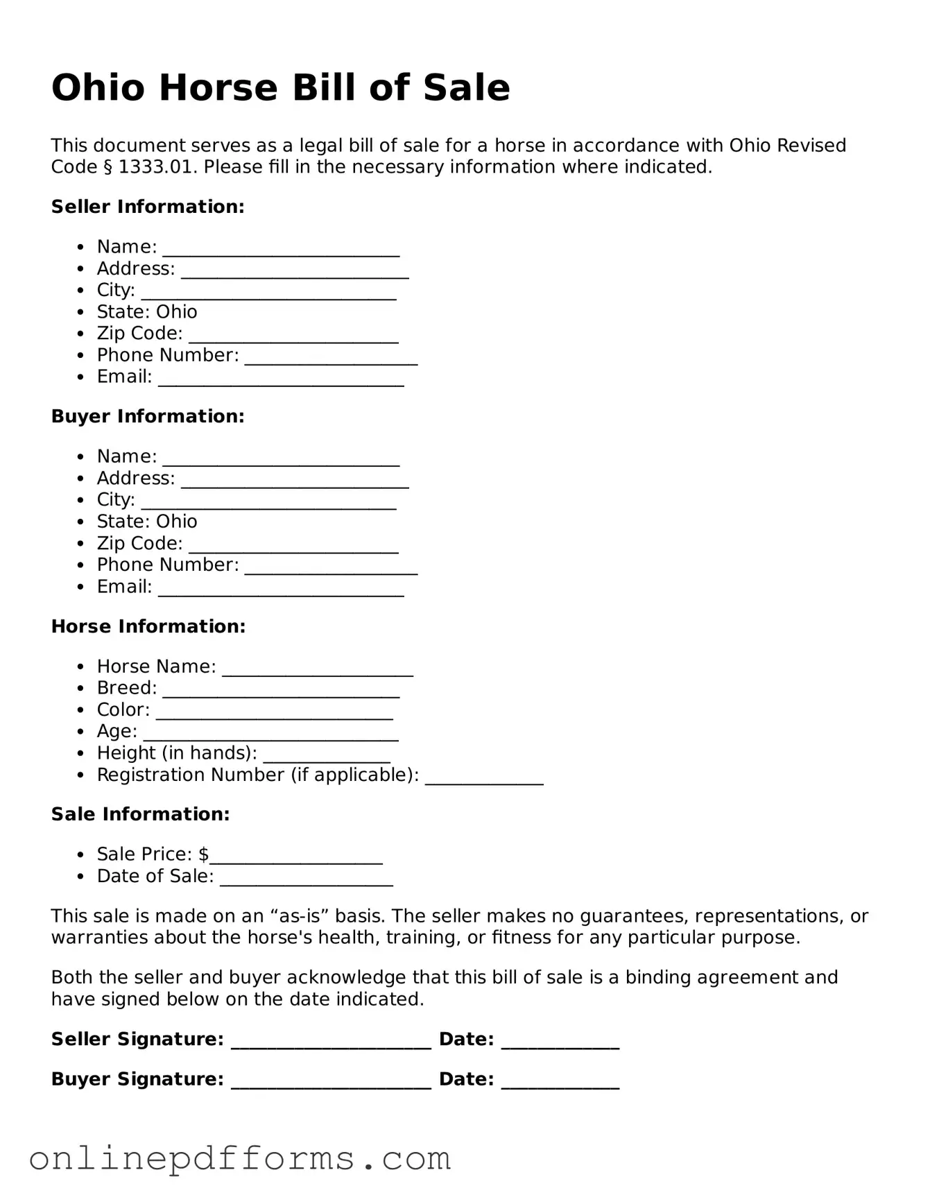 Blank Ohio Horse Bill of Sale Form