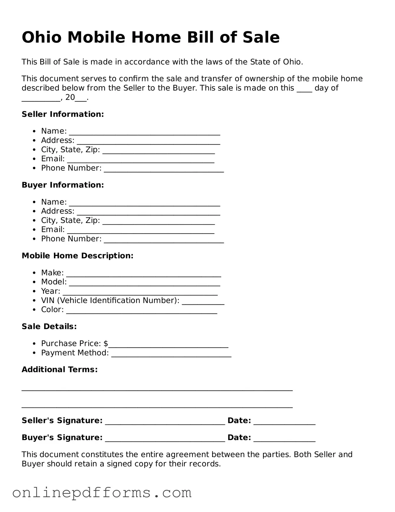 Blank Ohio Mobile Home Bill of Sale Form