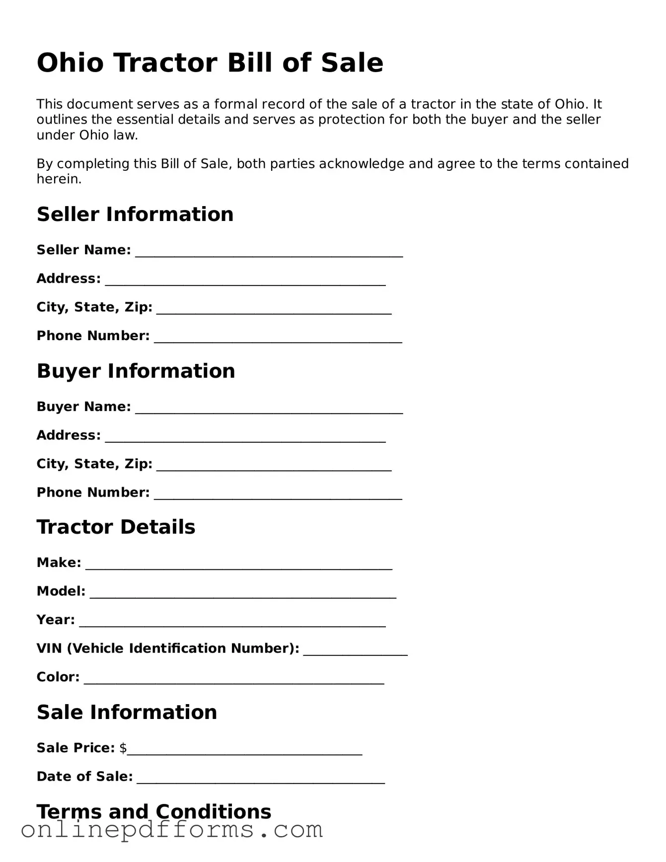 Blank Ohio Tractor Bill of Sale Form