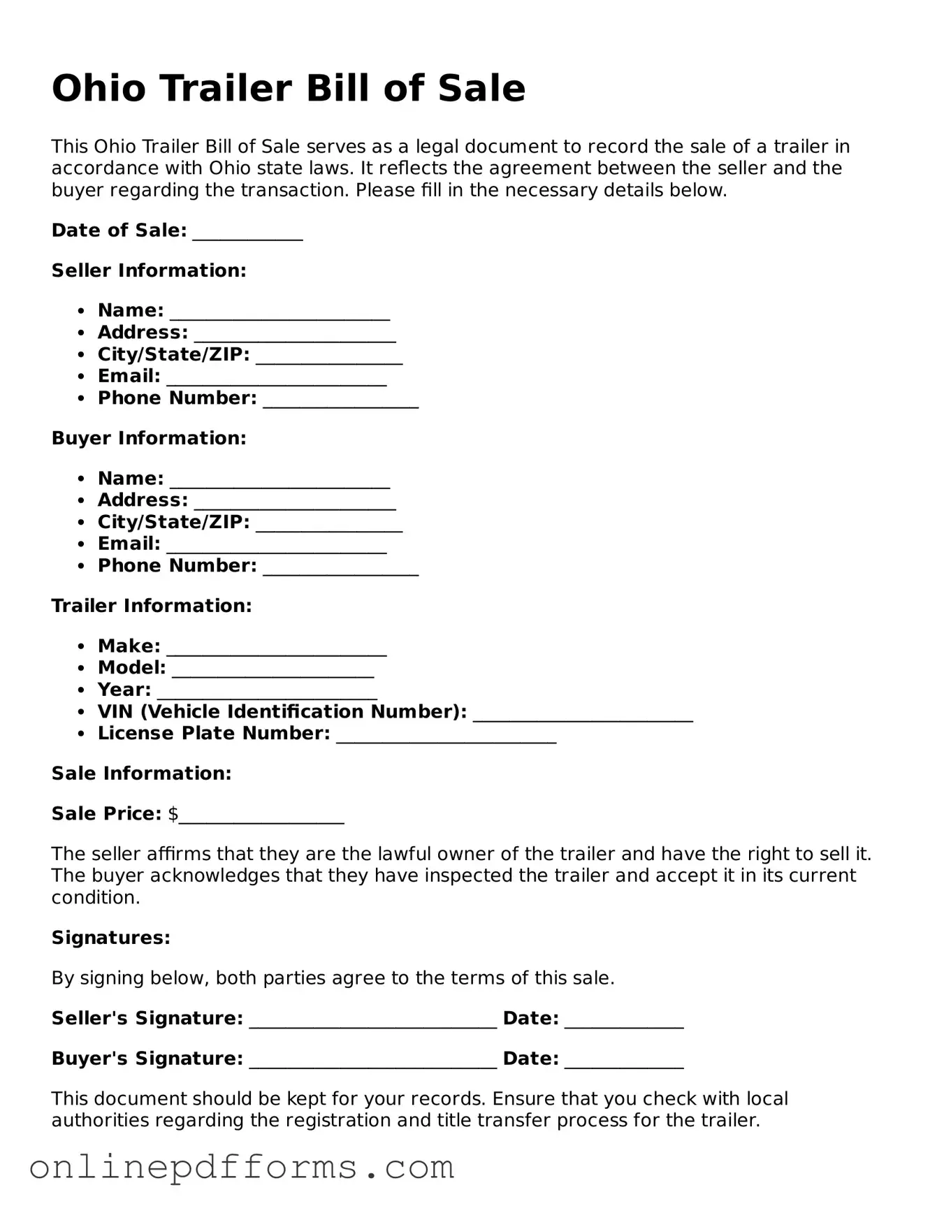 Blank Ohio Trailer Bill of Sale Form