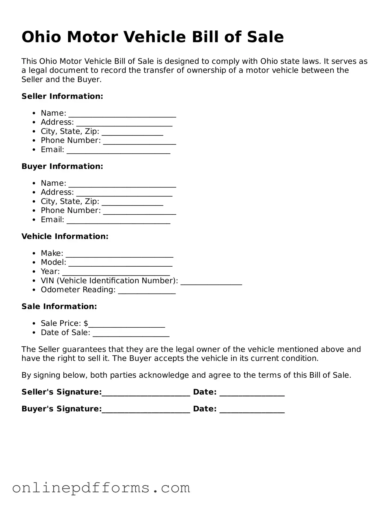 Blank Ohio Motor Vehicle Bill of Sale Form