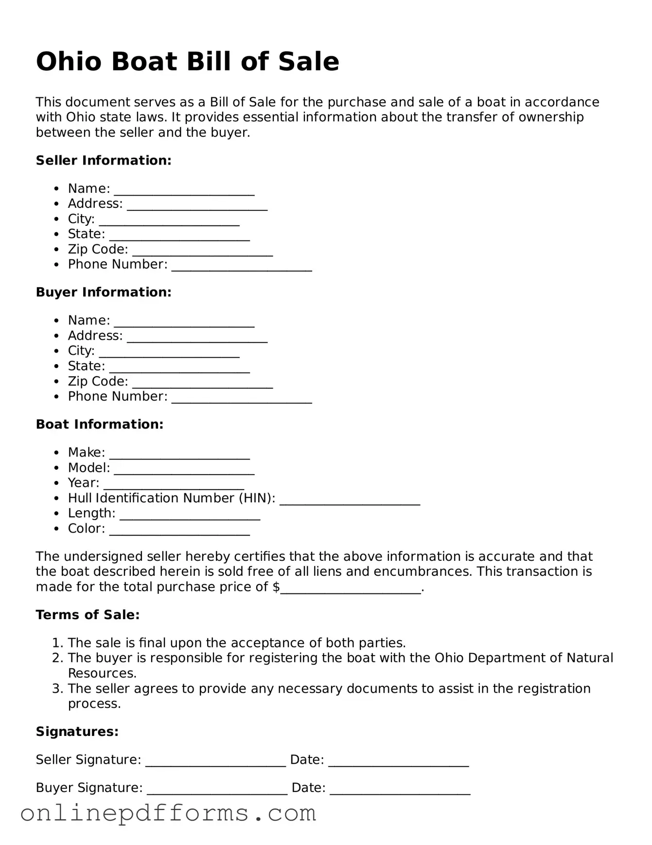 Blank Ohio Boat Bill of Sale Form