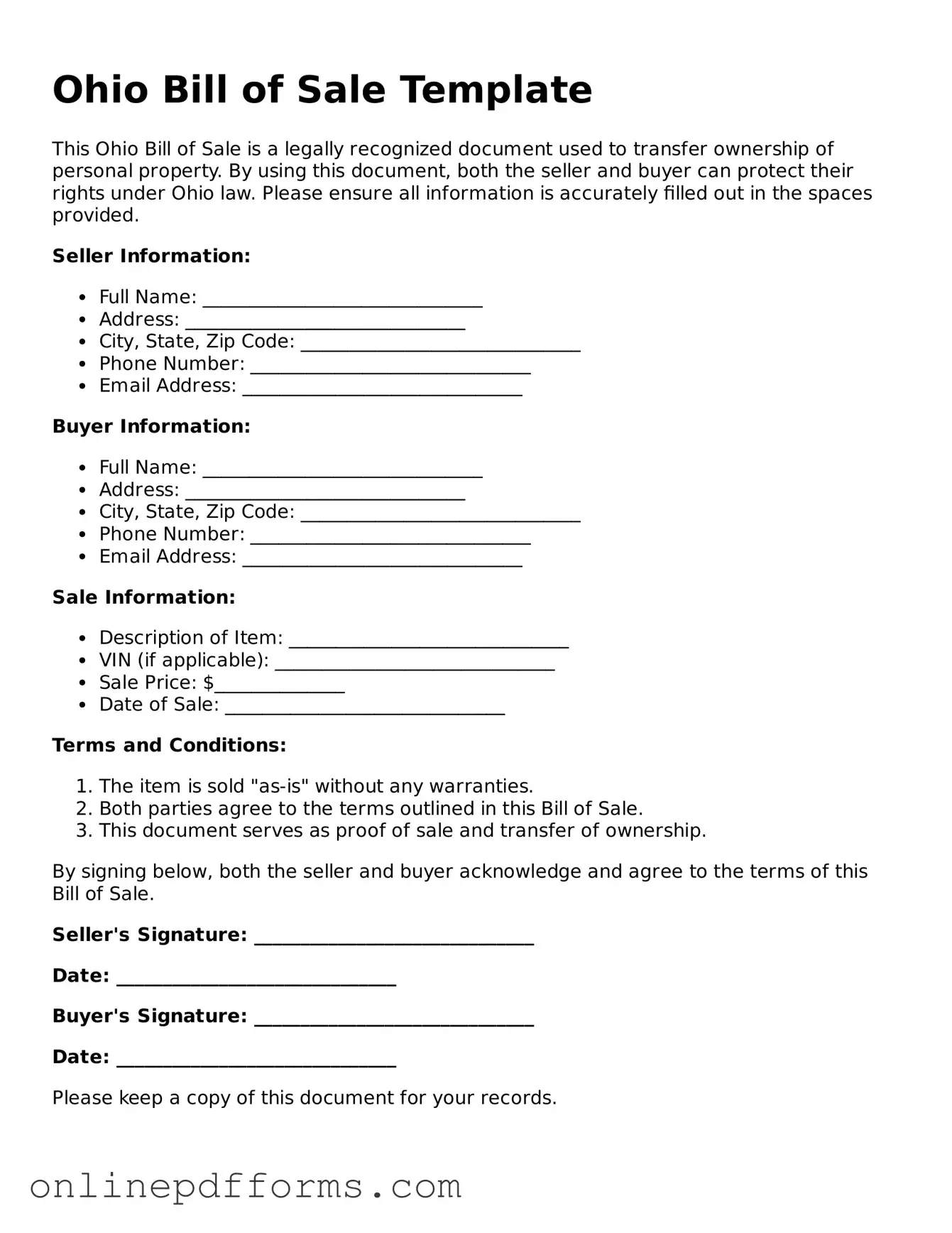 Blank Ohio Bill of Sale Form