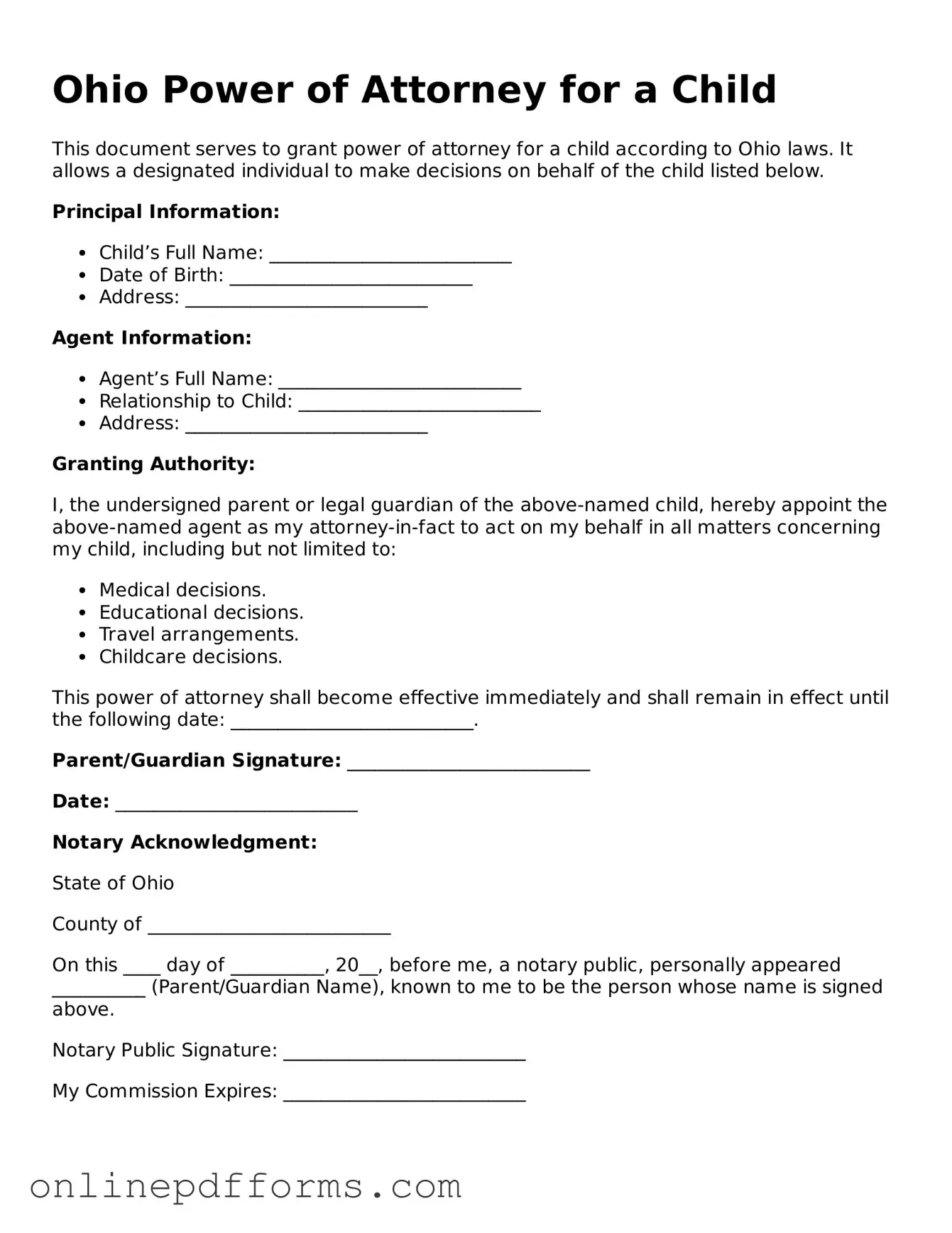 Blank Ohio Power of Attorney for a Child Form