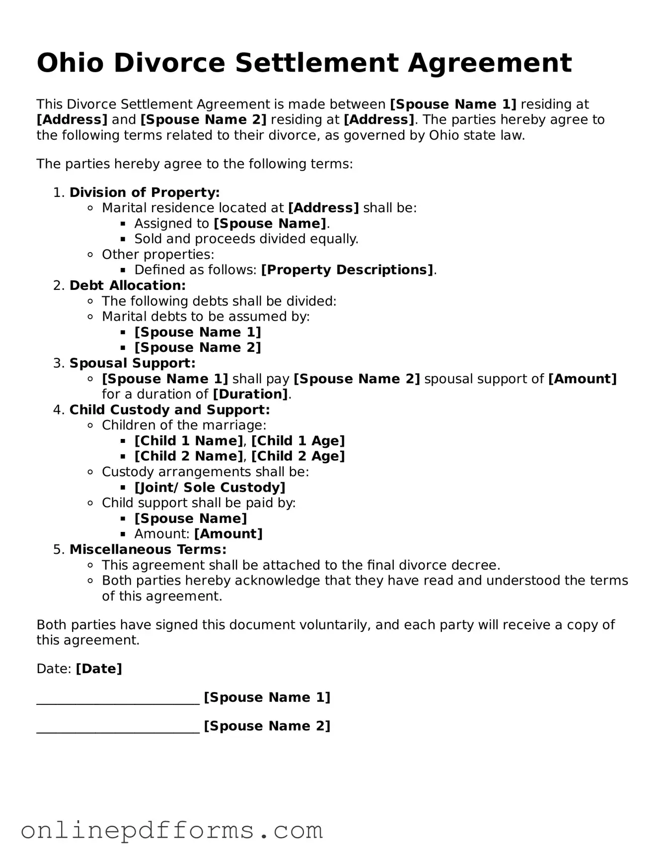 Blank Ohio Divorce Settlement Agreement Form