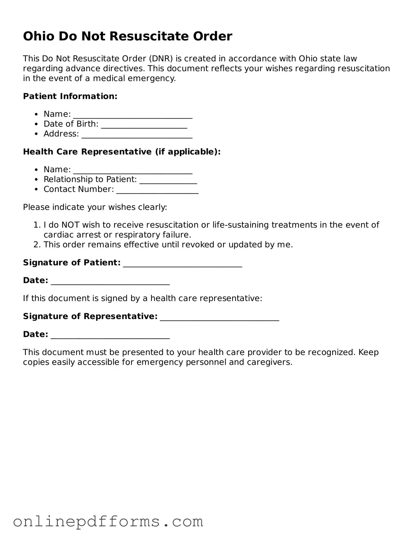 Blank Ohio Do Not Resuscitate Order Form