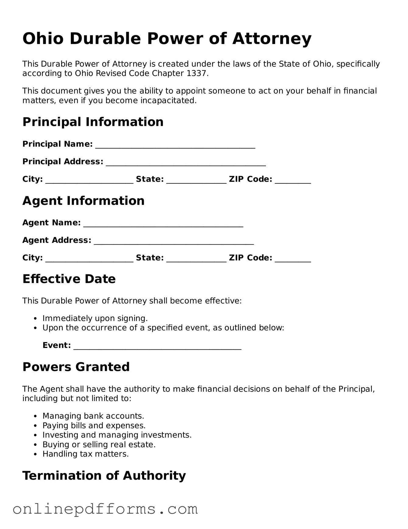 Blank Ohio Durable Power of Attorney Form