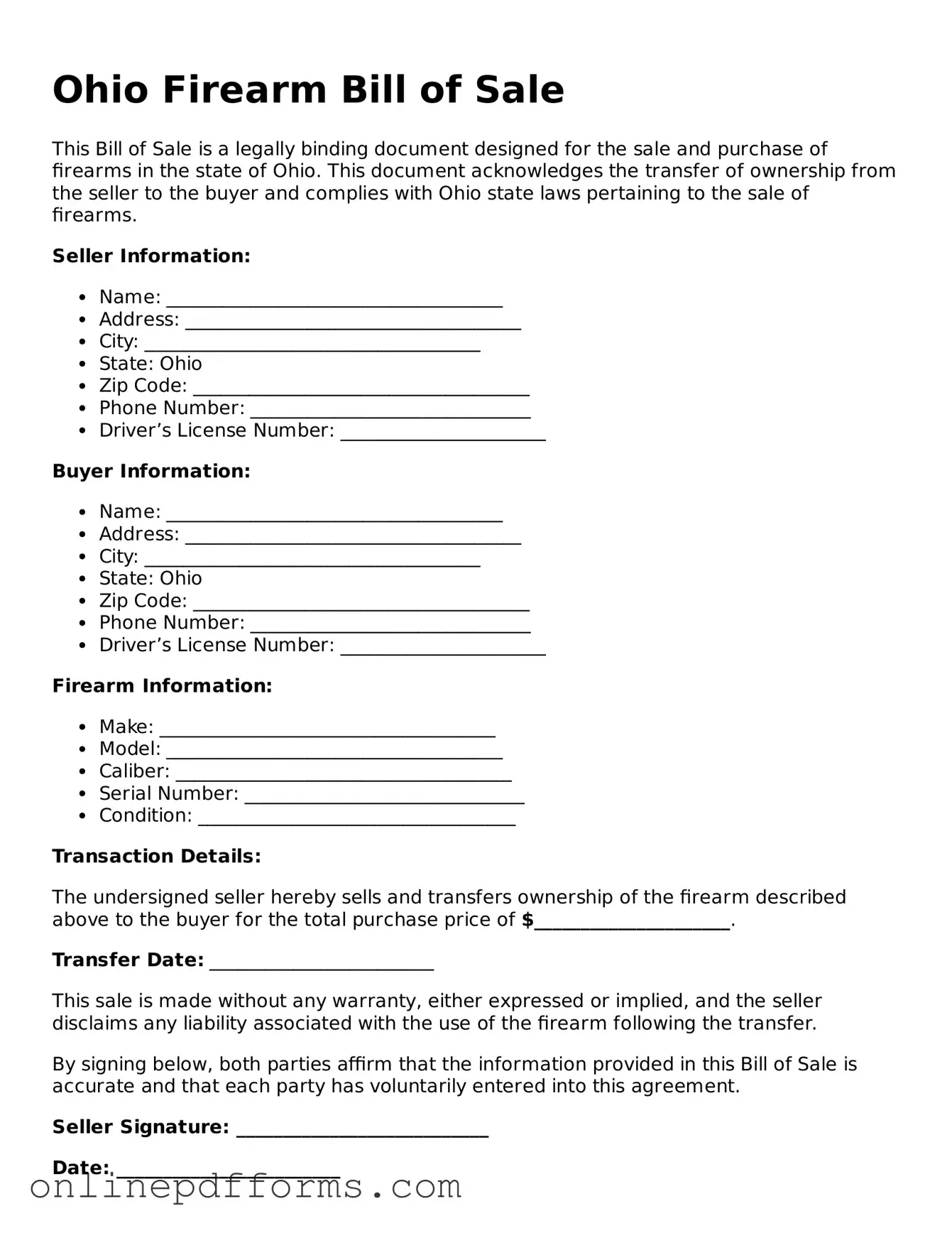 Blank Ohio Firearm Bill of Sale Form