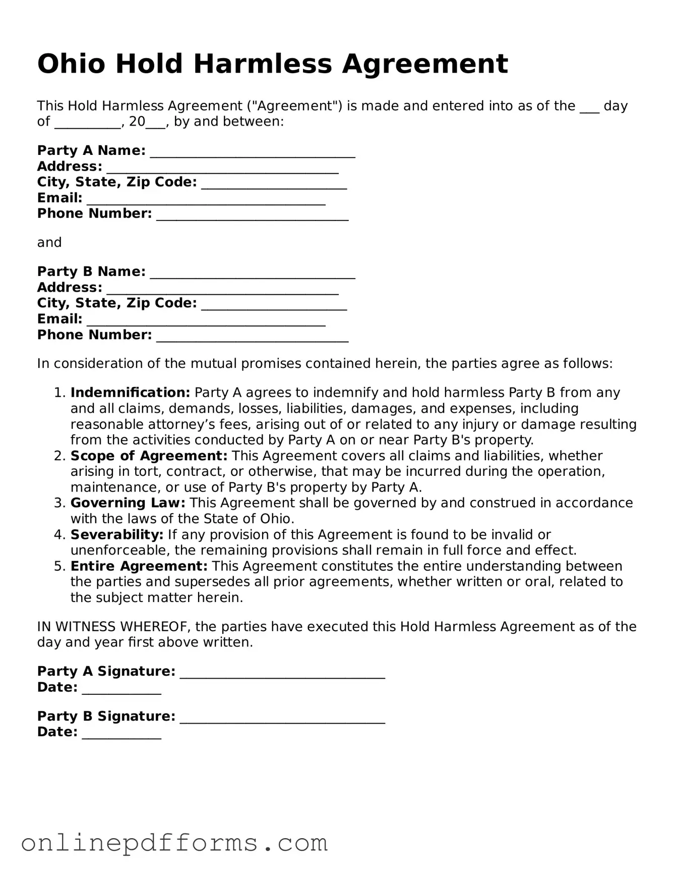 Blank Ohio Hold Harmless Agreement Form