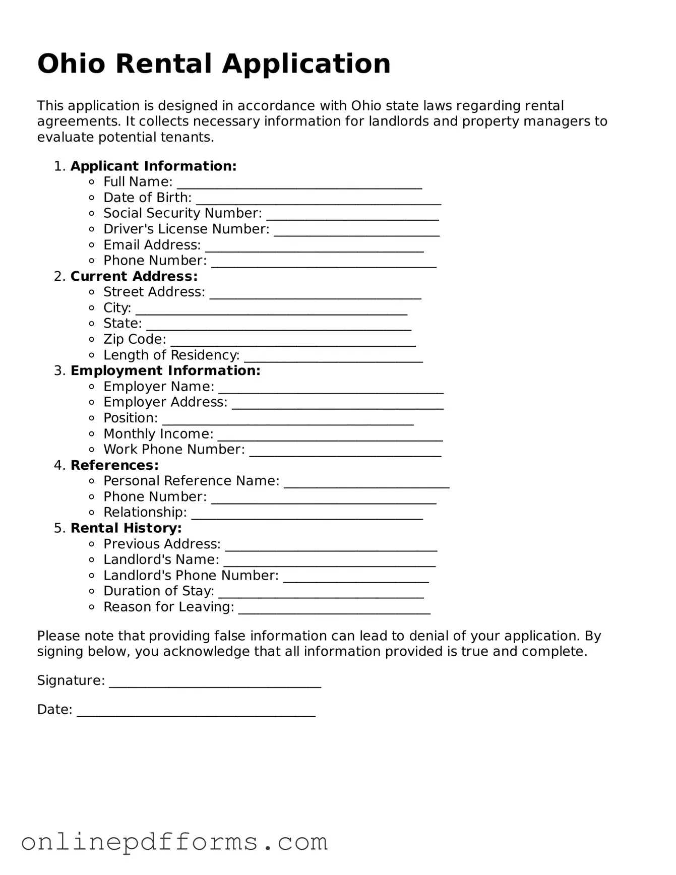 Blank Ohio Rental Application Form