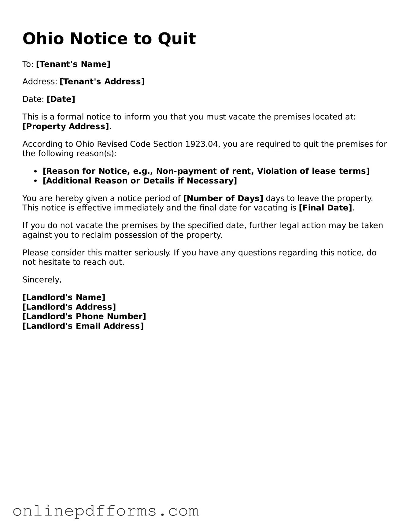 Blank Ohio Notice to Quit Form