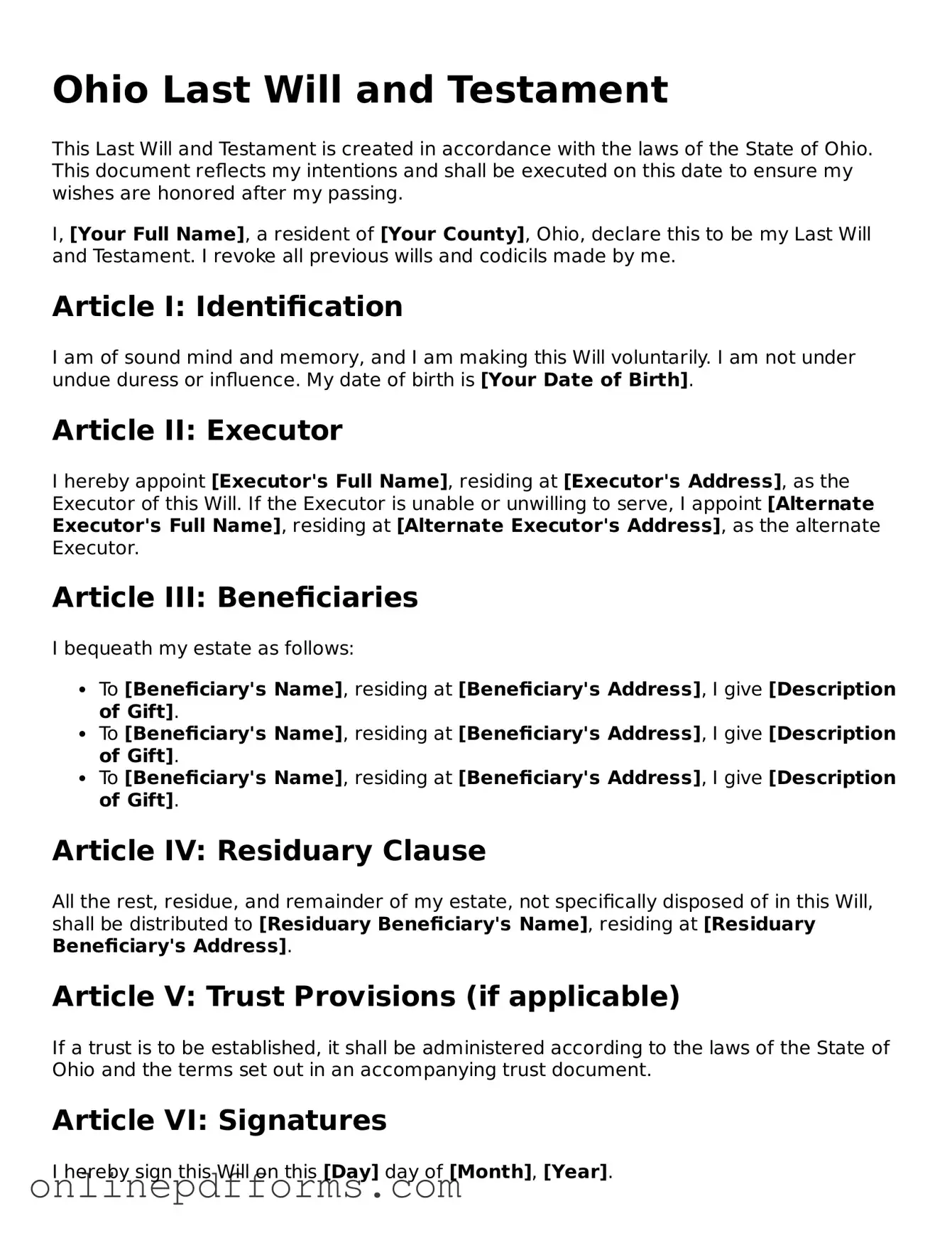 Blank Ohio Last Will and Testament Form
