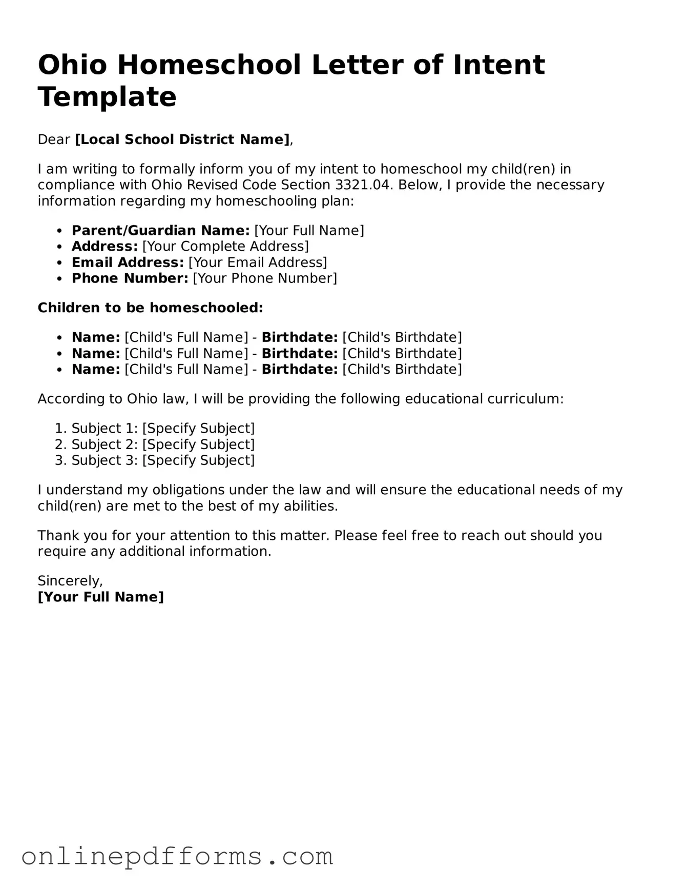 Blank Ohio Homeschool Letter of Intent Form
