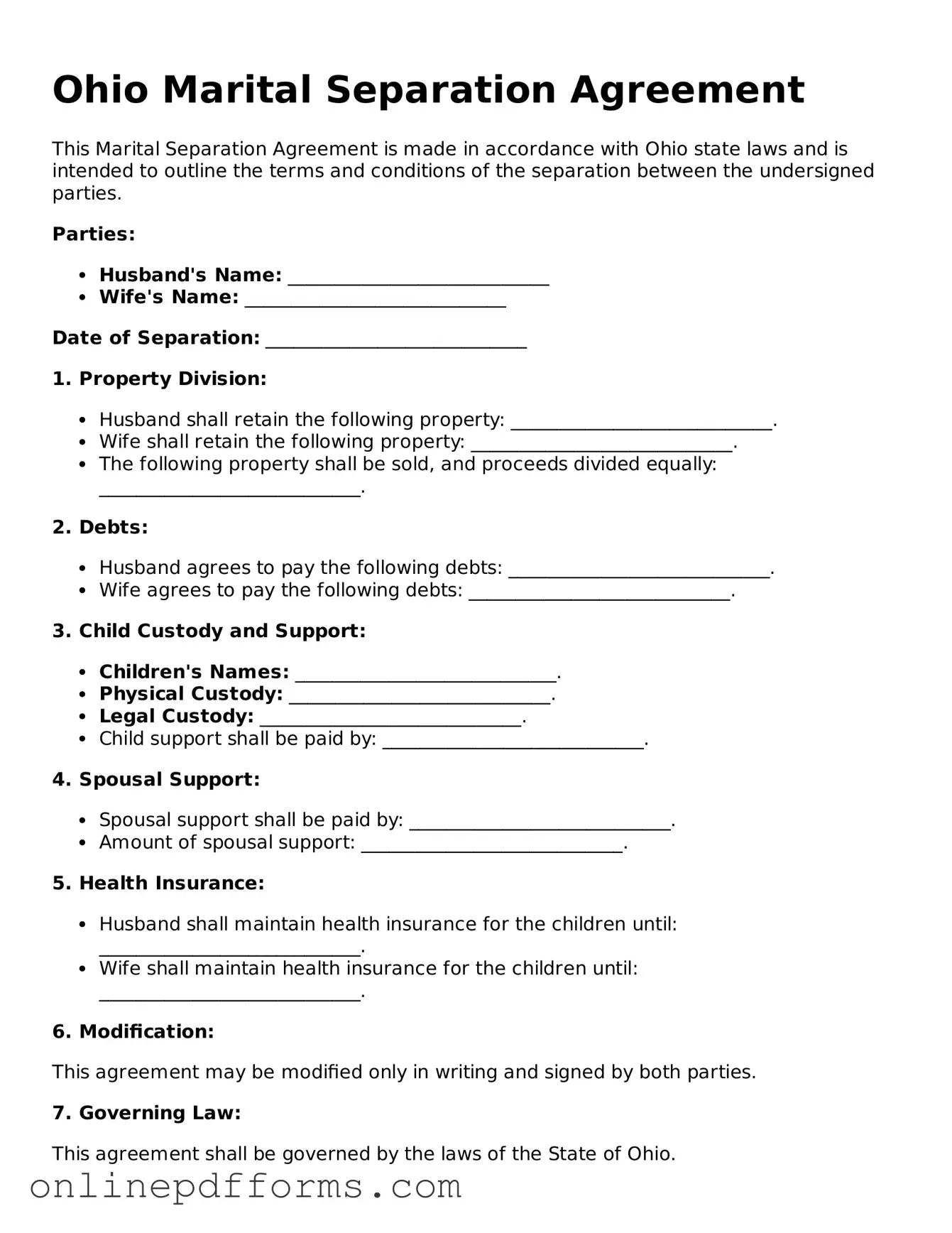 Blank Ohio Marital Separation Agreement Form
