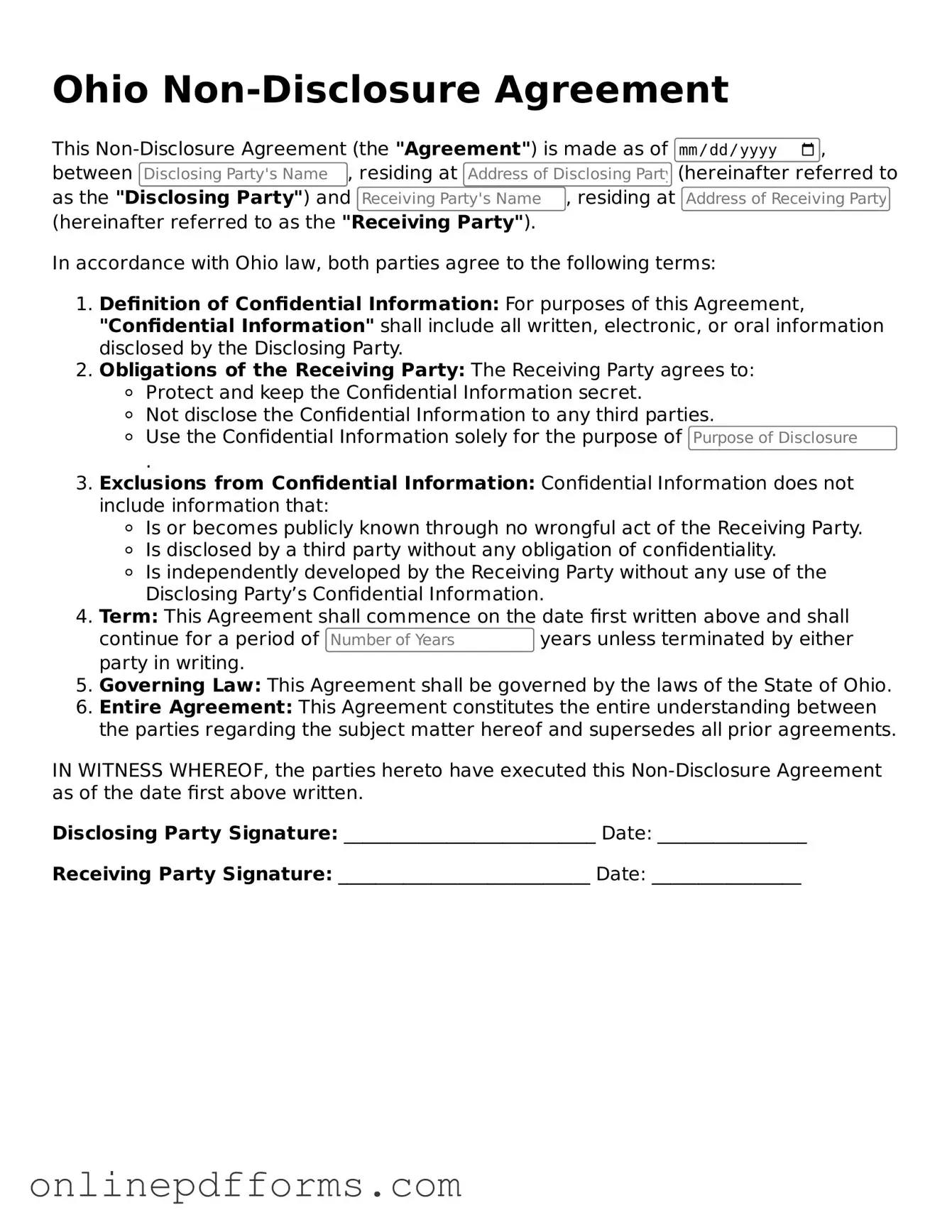 Blank Ohio Non-disclosure Agreement Form