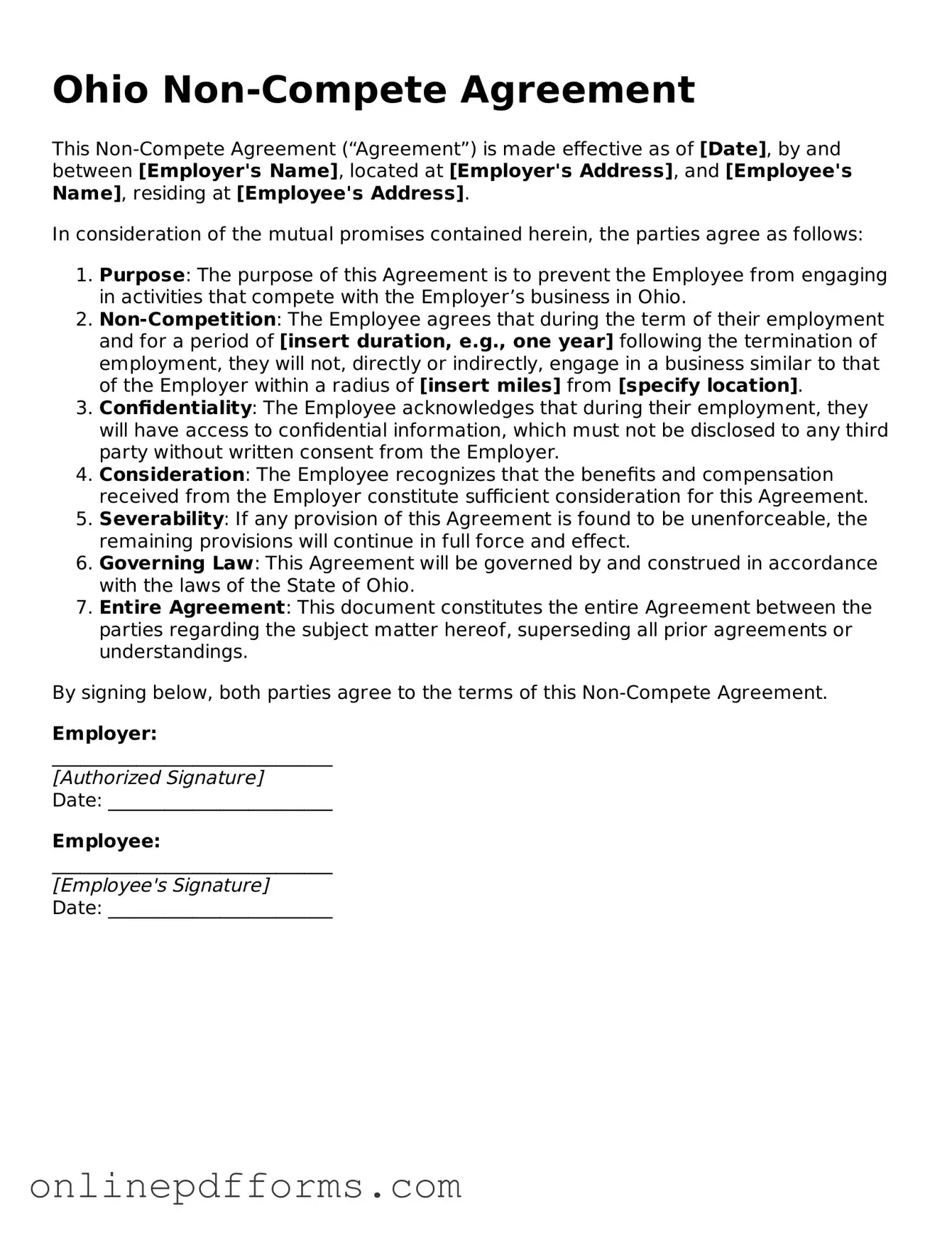 Blank Ohio Non-compete Agreement Form