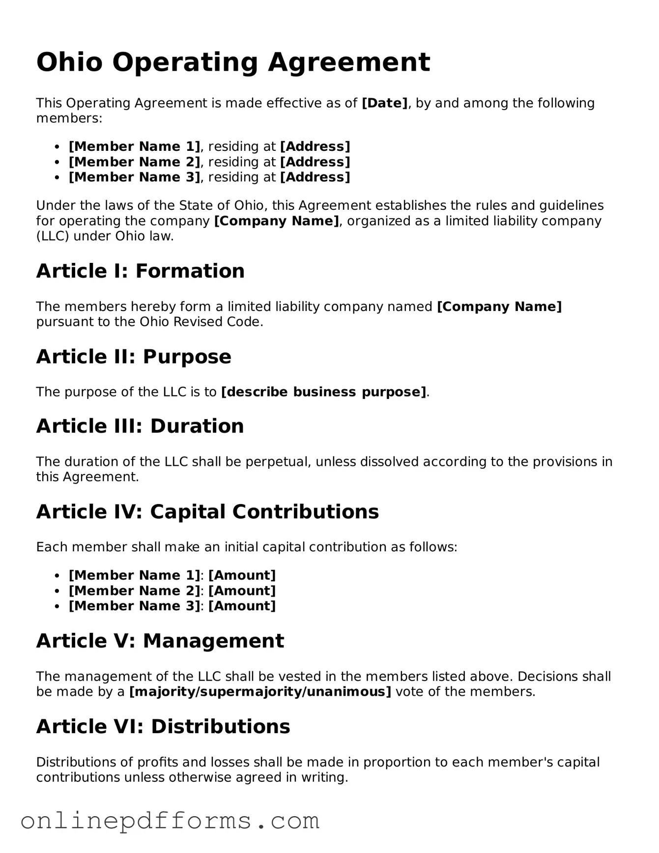 Blank Ohio Operating Agreement Form