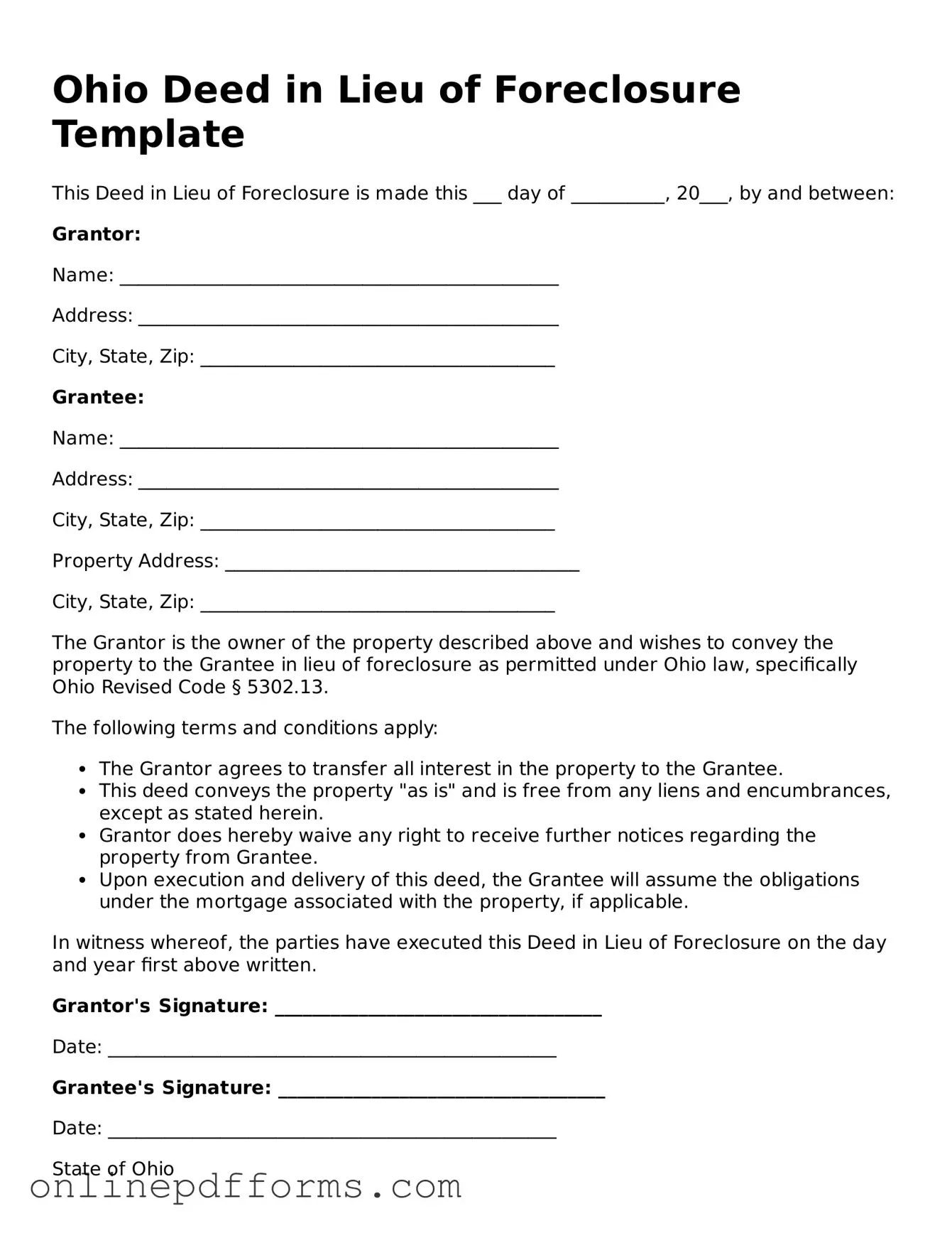 Blank Ohio Deed in Lieu of Foreclosure Form