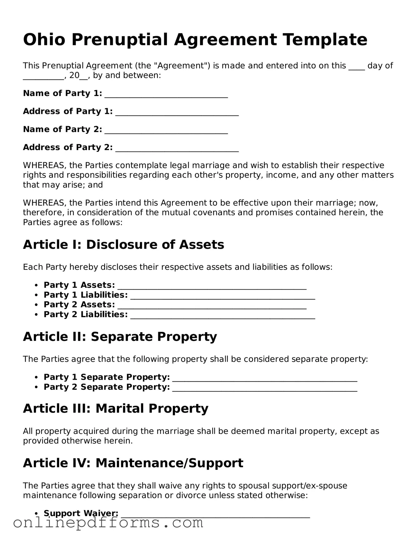 Blank Ohio Prenuptial Agreement Form
