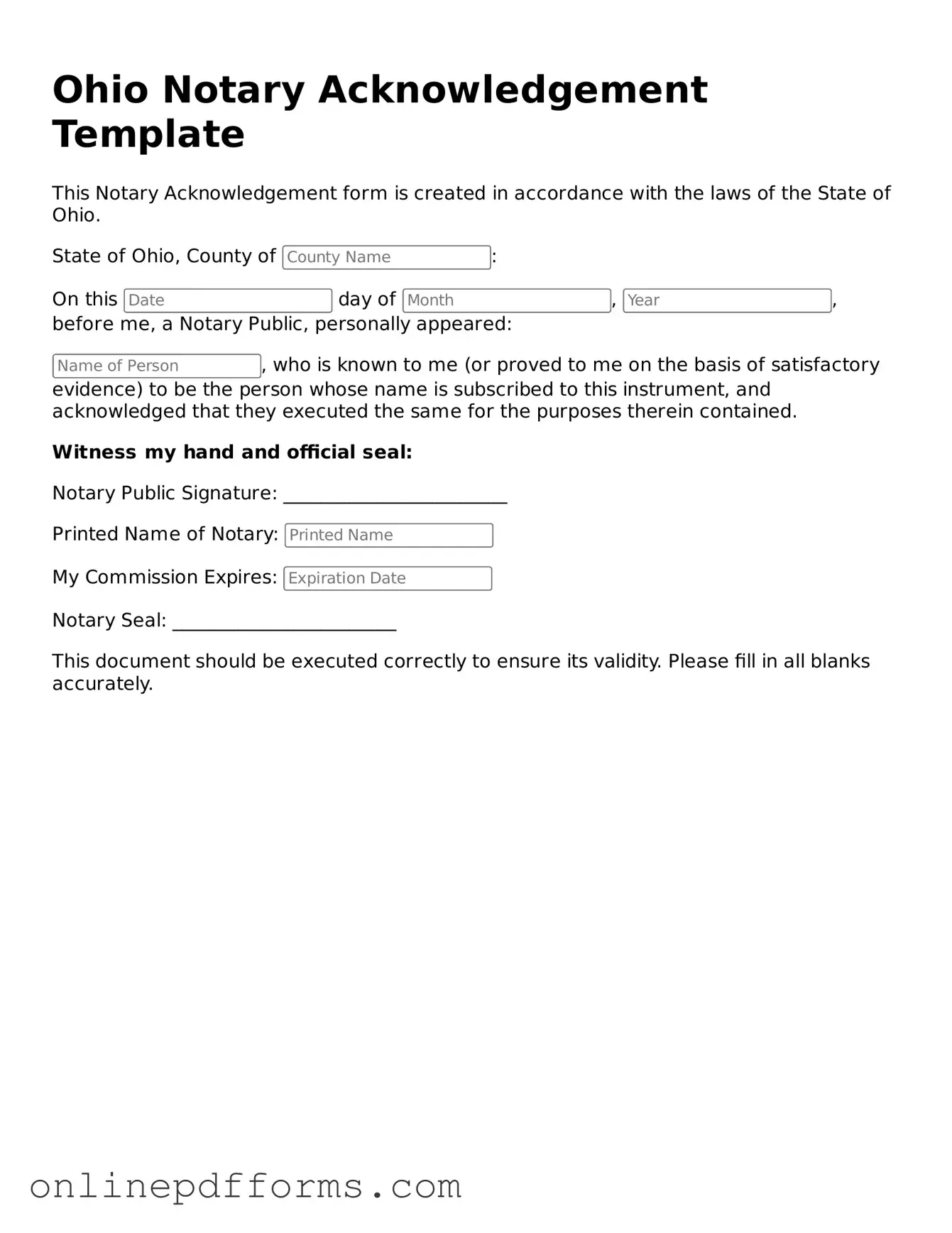 Blank Ohio Notary Acknowledgement Form