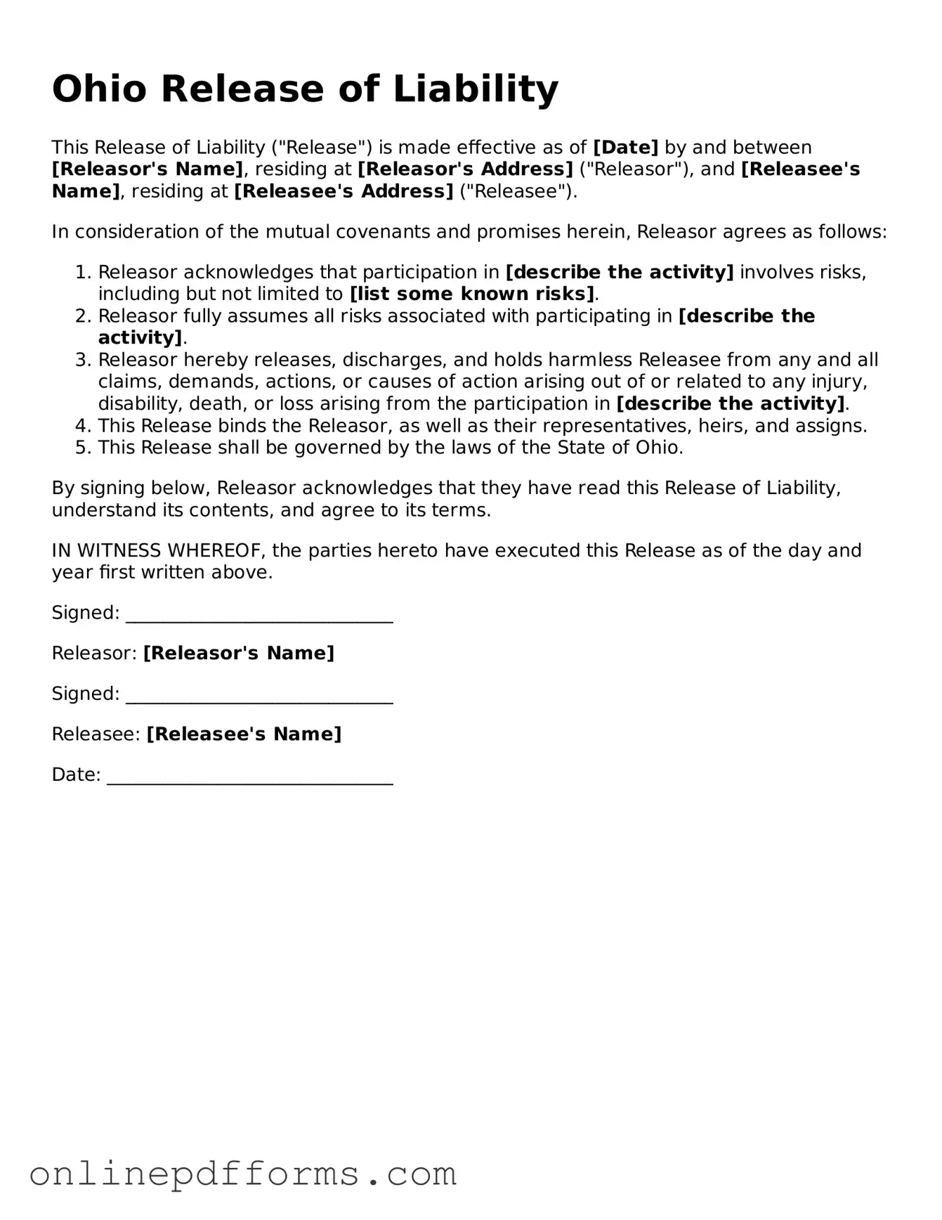 Blank Ohio Release of Liability Form