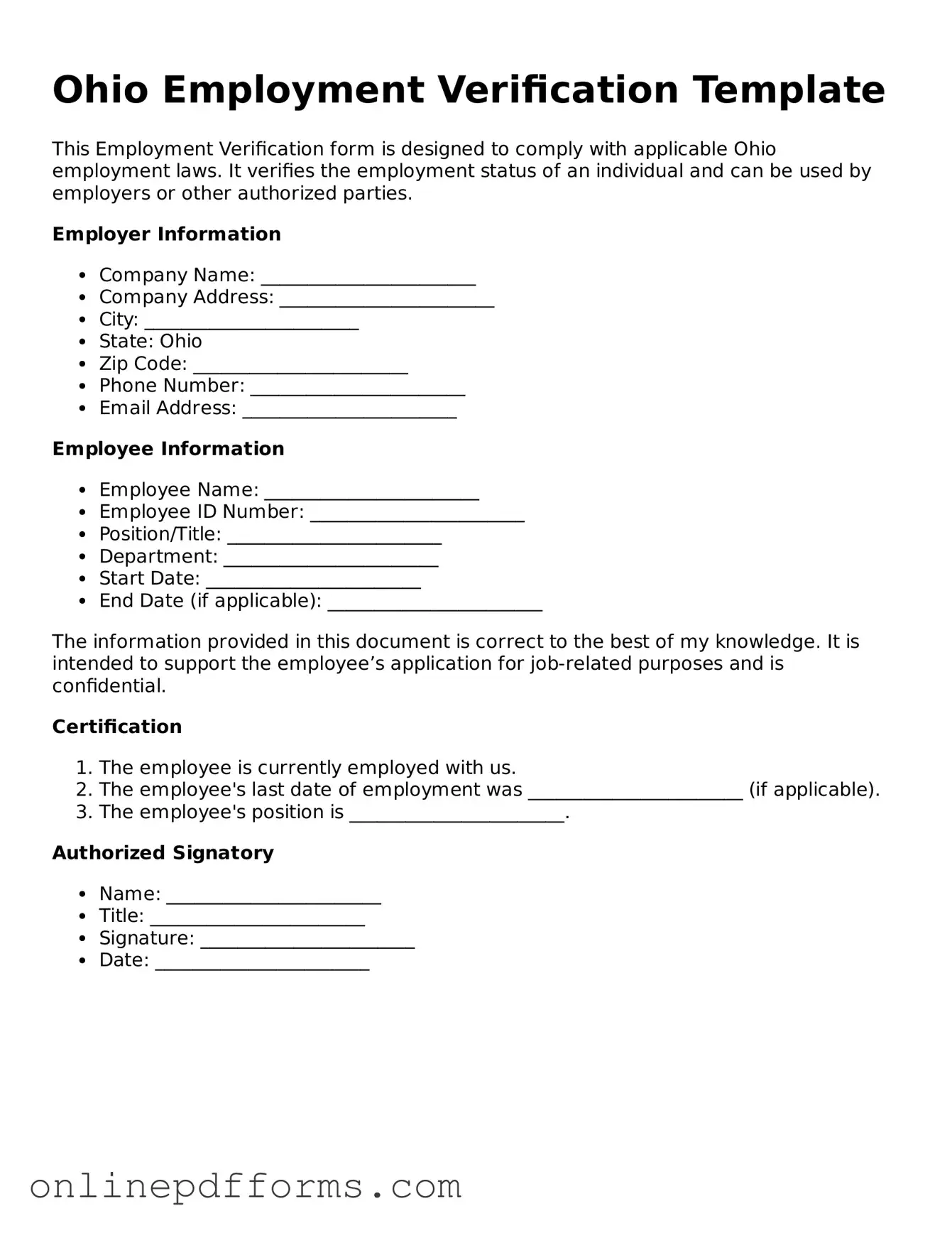 Blank Ohio Employment Verification Form