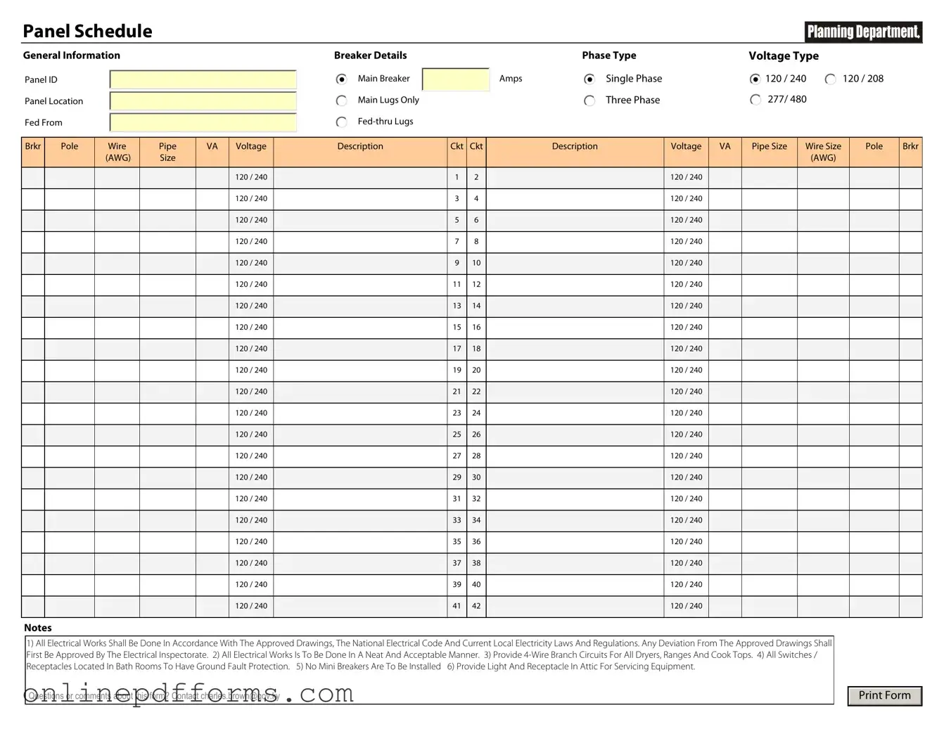 Fill in Your Electrical Panel Schedule Template
