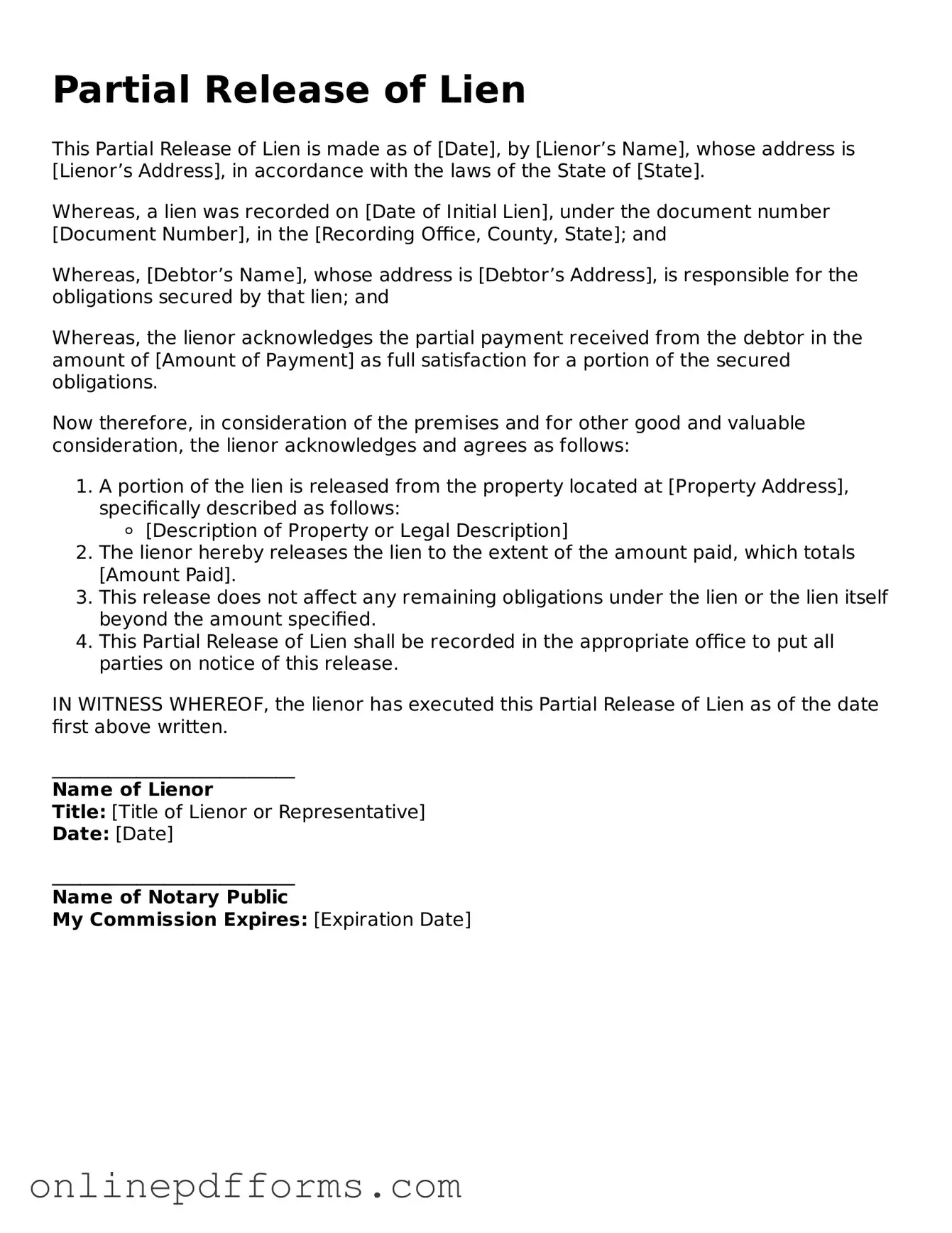 Legal Partial Release of Lien Form