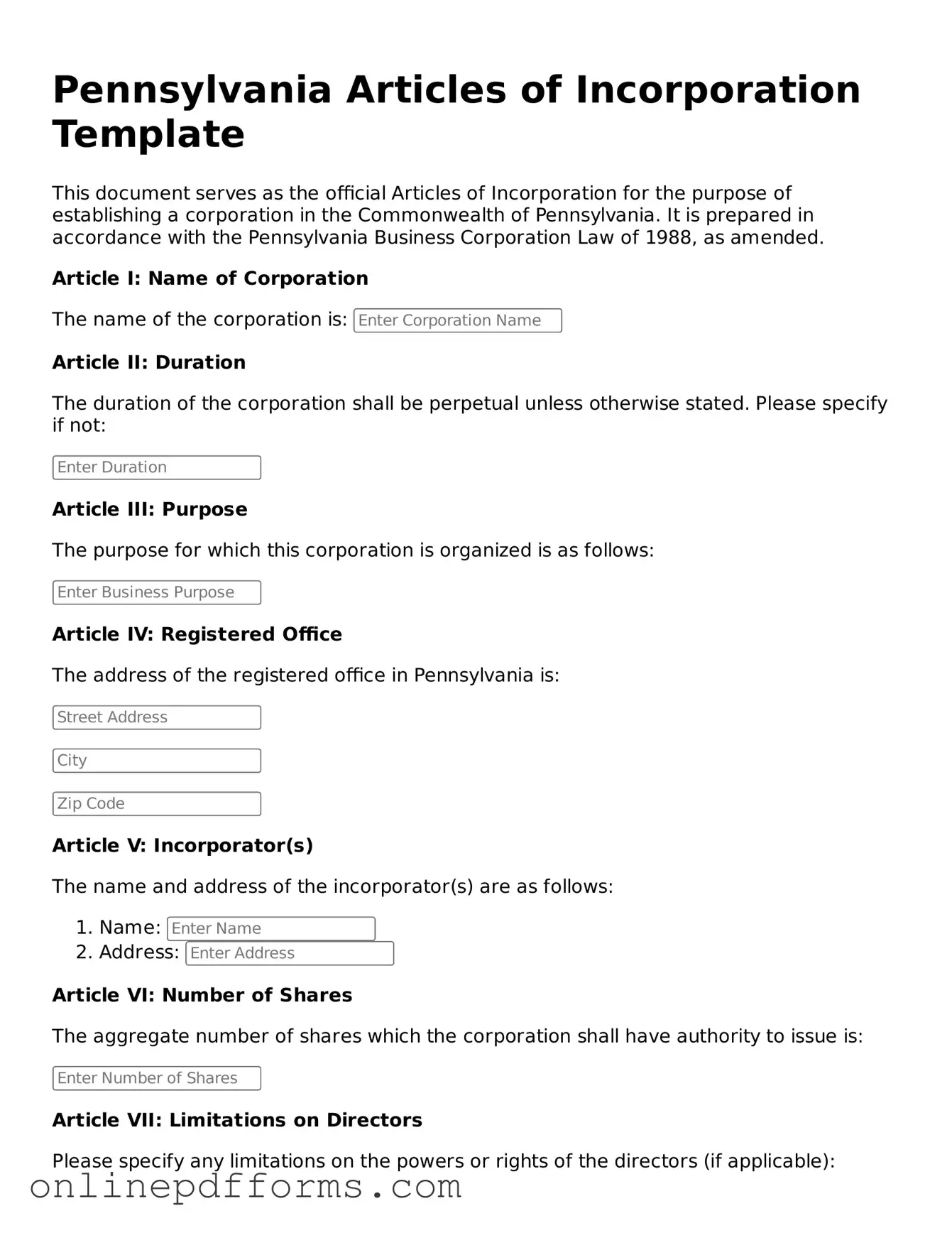 Blank Pennsylvania Articles of Incorporation Form