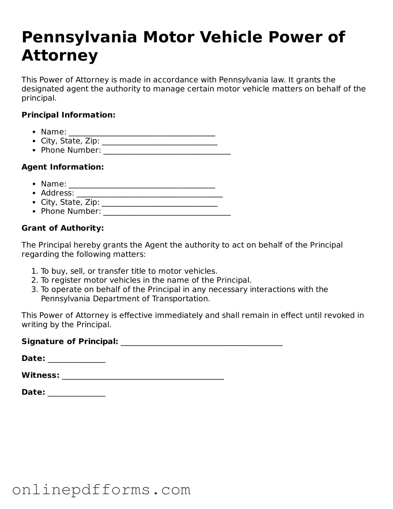 Blank Pennsylvania Motor Vehicle Power of Attorney Form